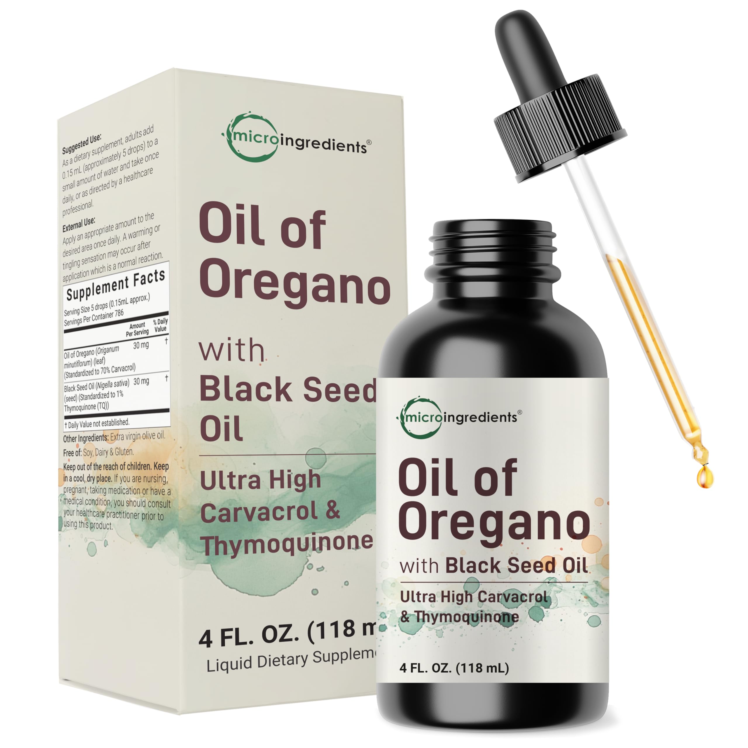Micro Ingredients aceite de oregano con semilla negra, botella con cuentagotas para uso diario.