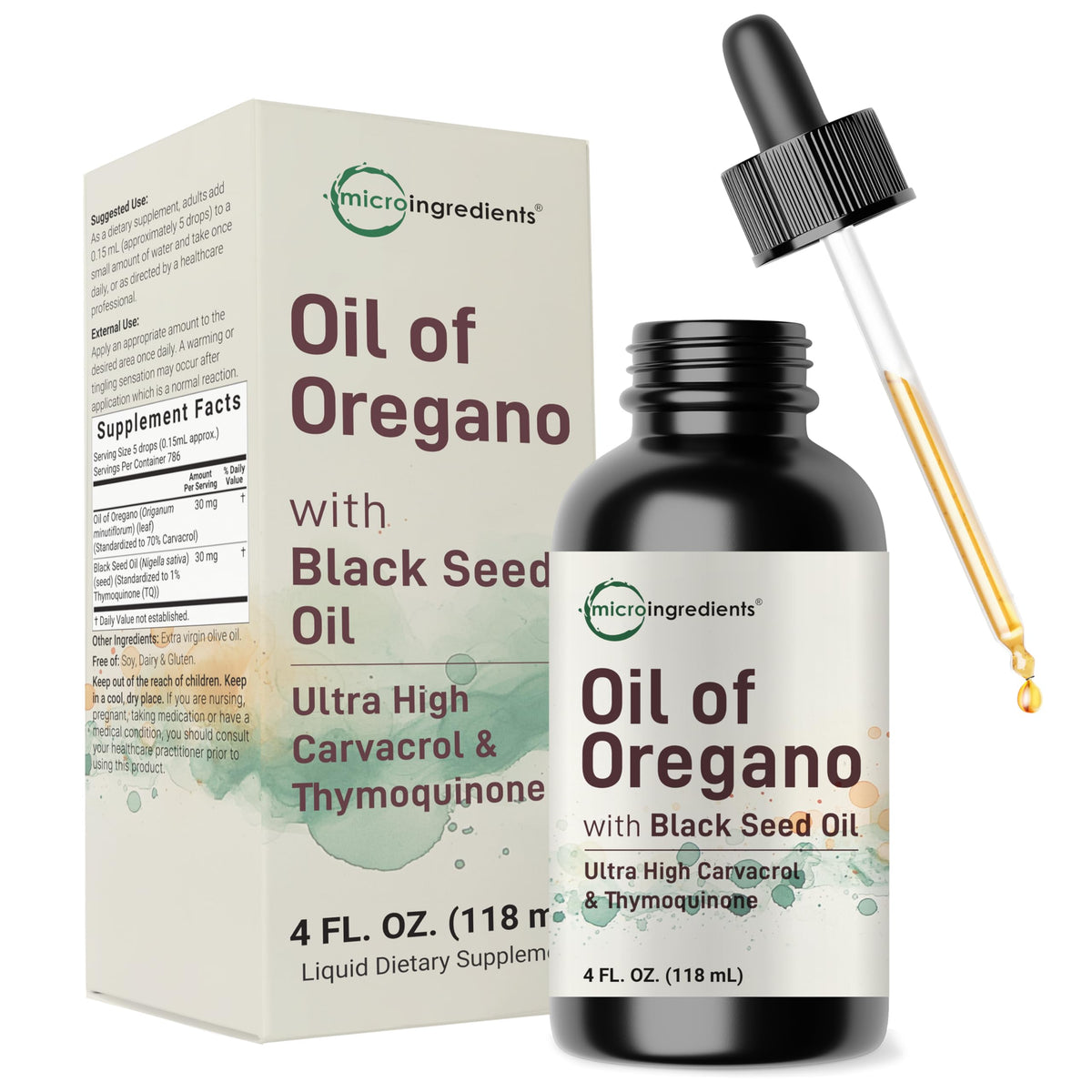 Micro Ingredients aceite de oregano con semilla negra, botella con cuentagotas para uso diario.