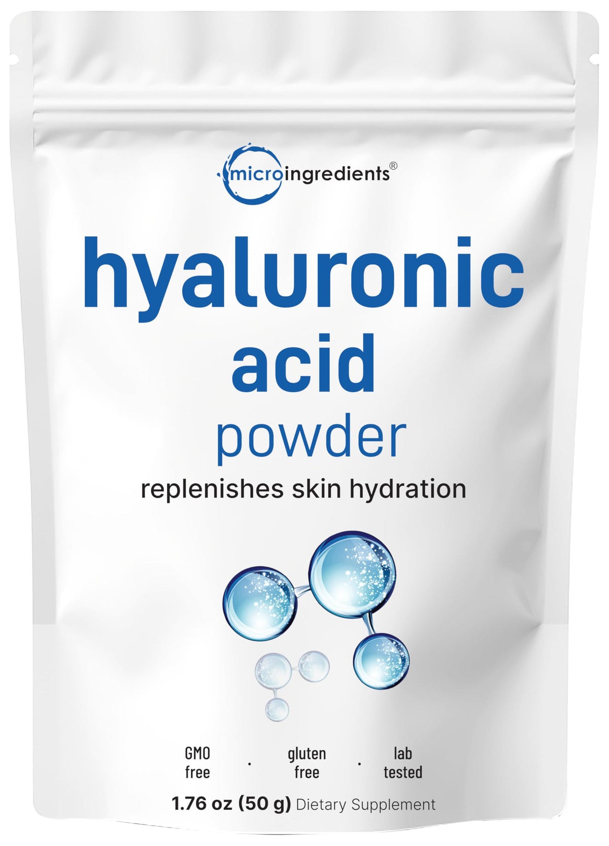 Micro Ingredients Polvo de ácido hialurónico en bote para hidratación suave de la piel.