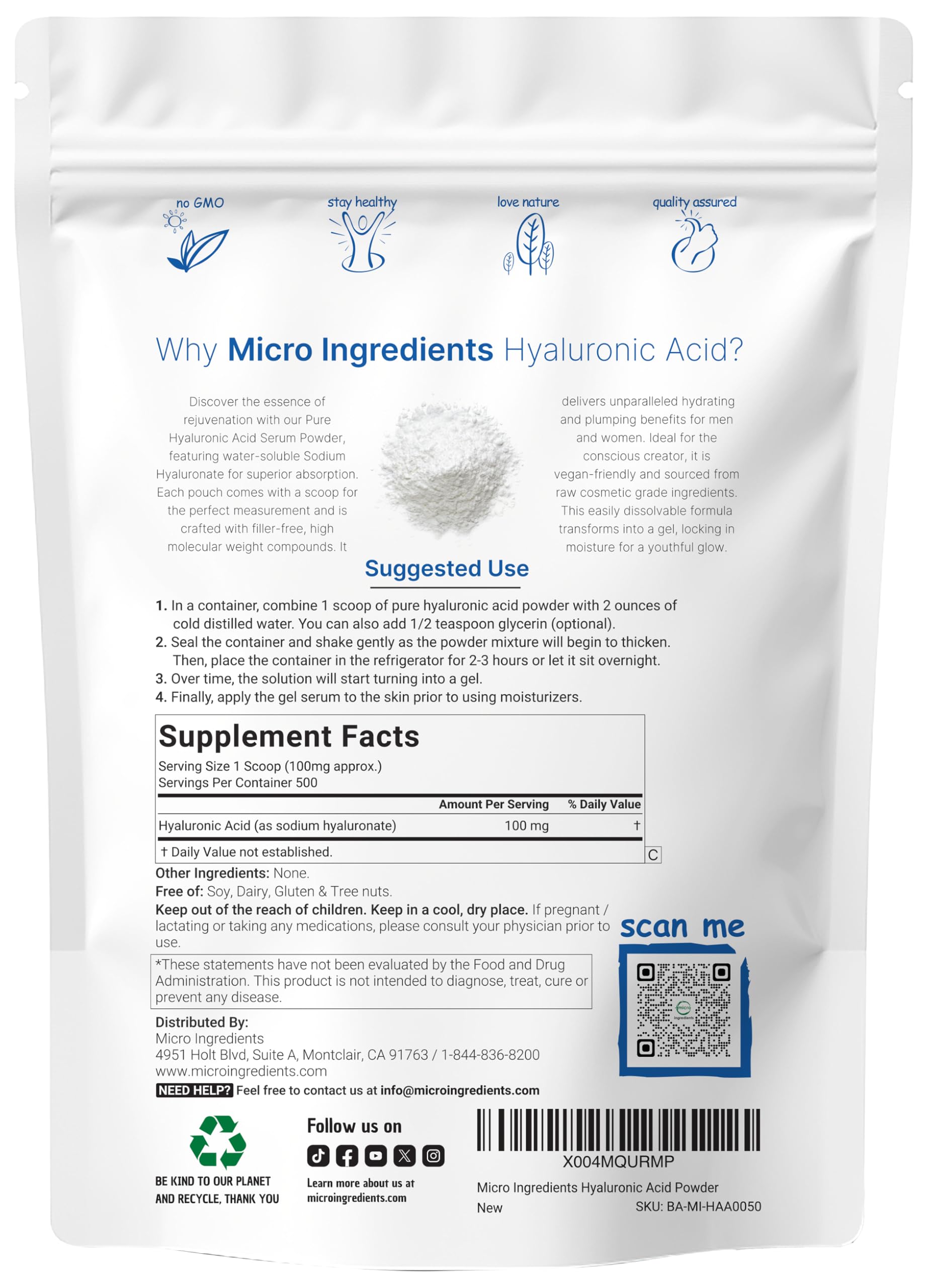 Mezcla rápida en agua con Micro Ingredients Polvo de ácido hialurónico para hidratación.