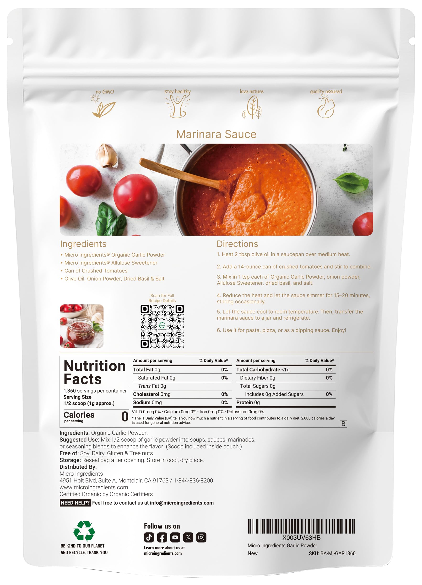 Micro Ingredients Ajo orgánico en polvo, aroma penetrante, ideal para carnes.