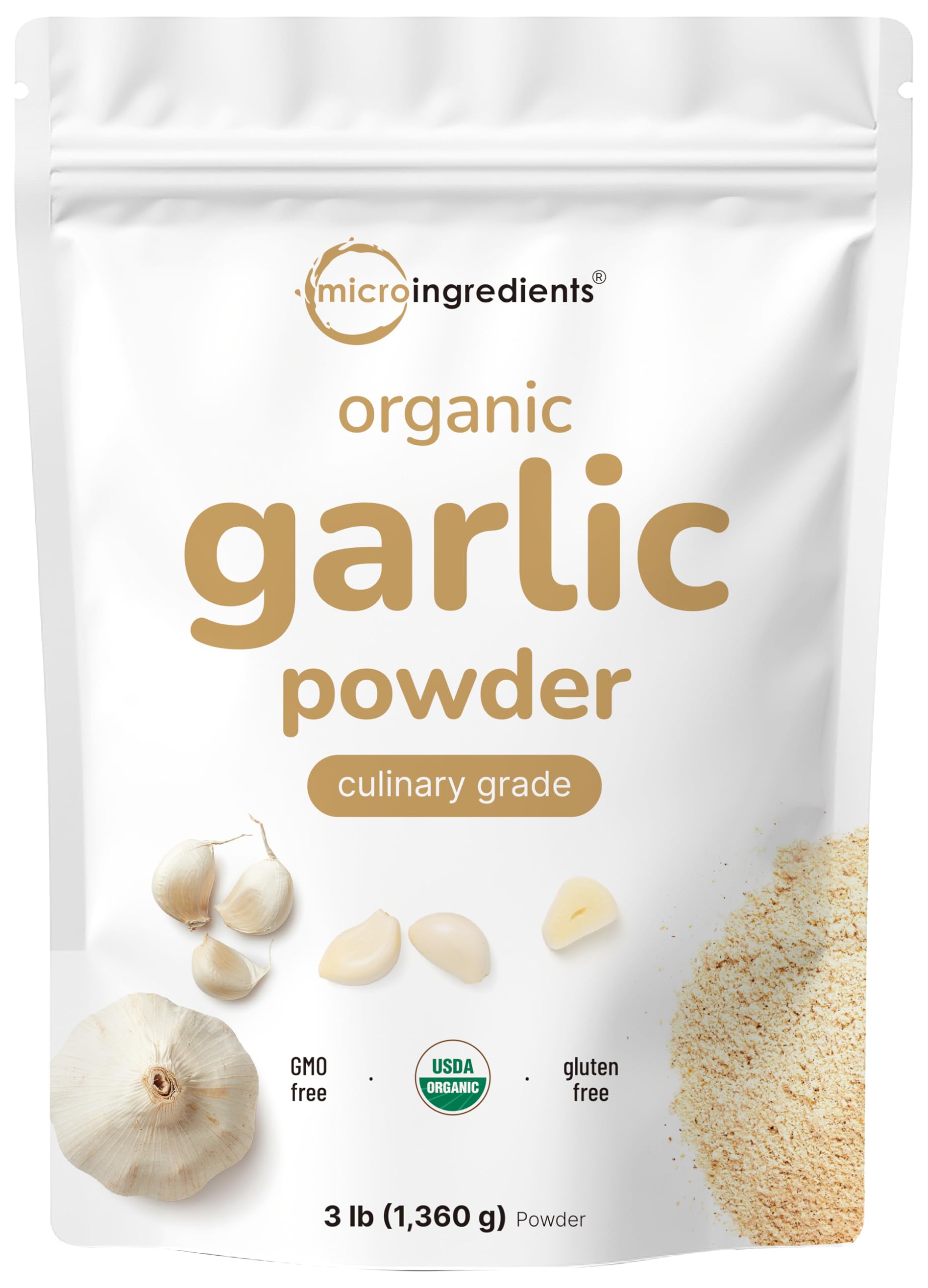 Micro Ingredients Ajo orgánico en polvo en bolsa de 3 libras con sabor concentrado.
