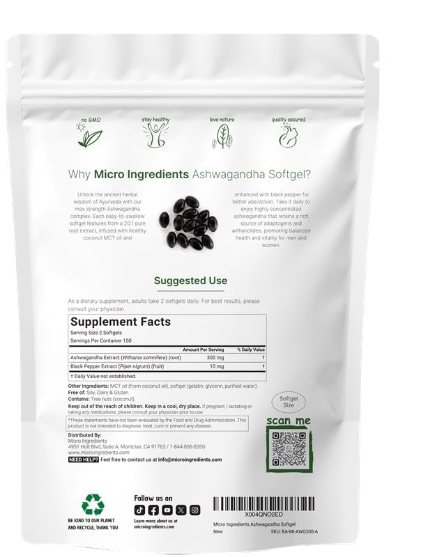 Botella de Micro Ingredients Ashwagandha para uso diario de bienestar.