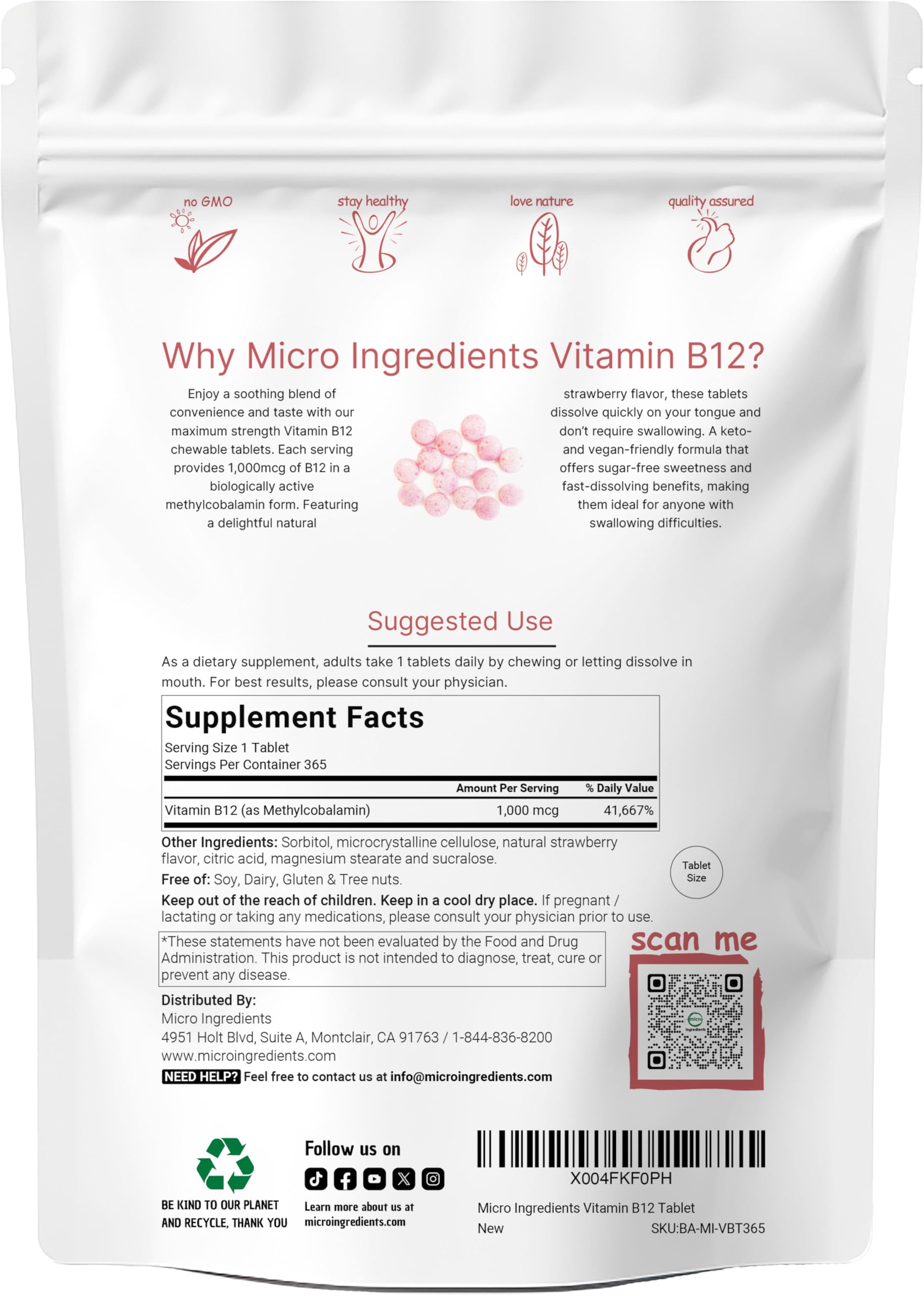 B12 de Micro Ingredients, dosis diaria de 365 tabletas, fácil consumo