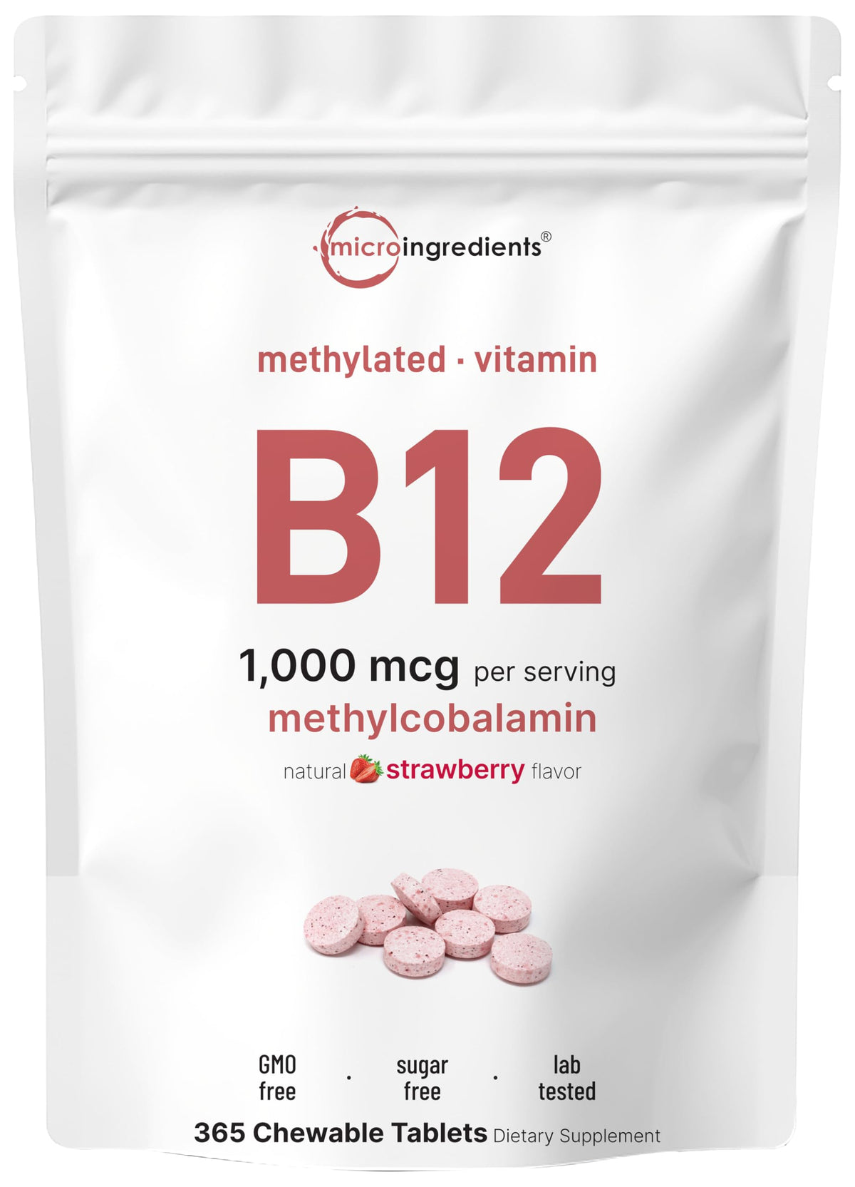 Micro Ingredients B12 tabletas masticables sabor fresa en envase