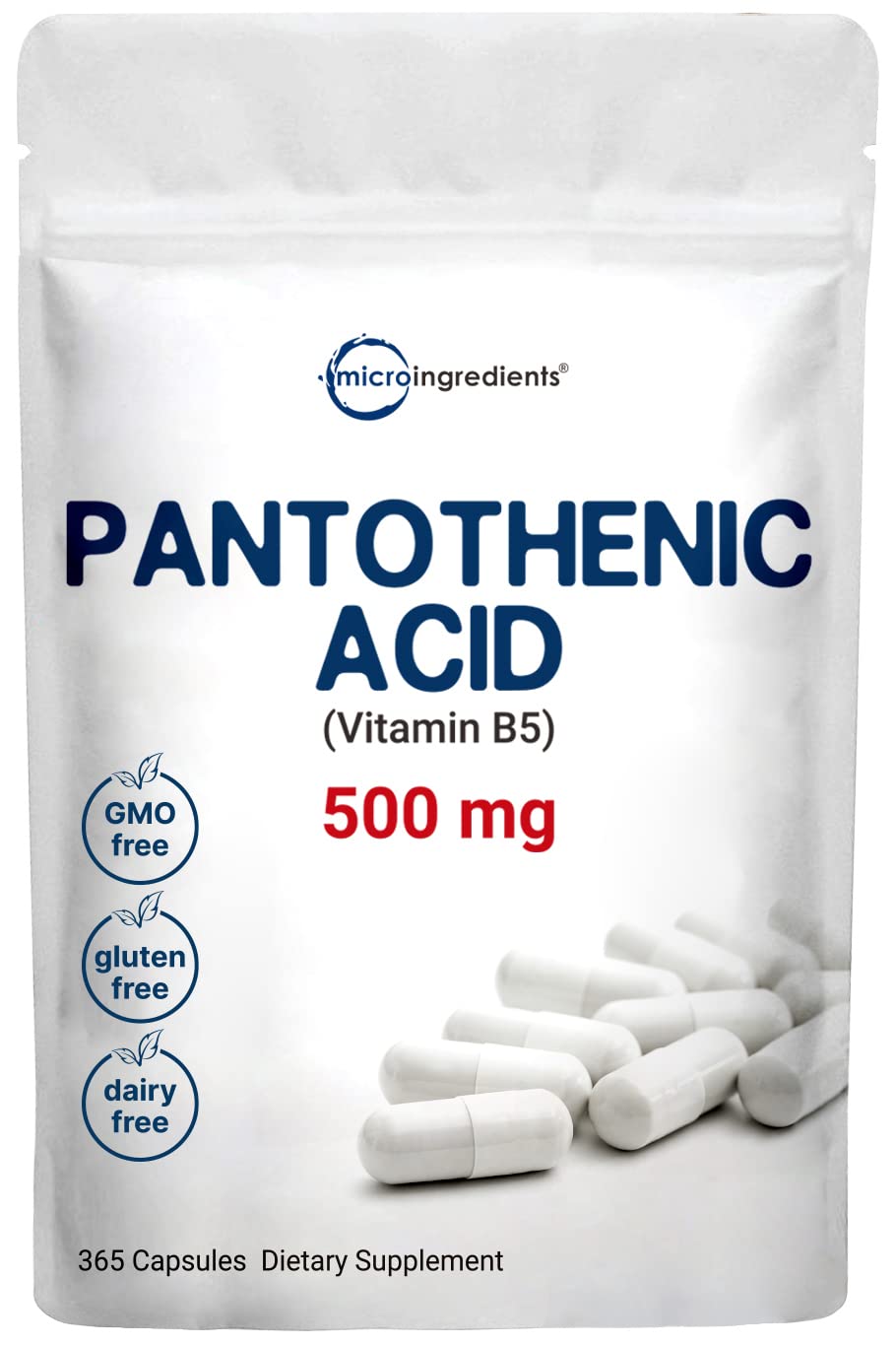 Micro Ingredients Vitamina B5 cápsulas de 500 mg para energía diaria.