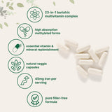 Etiqueta clara del producto con 23 vitaminas esenciales