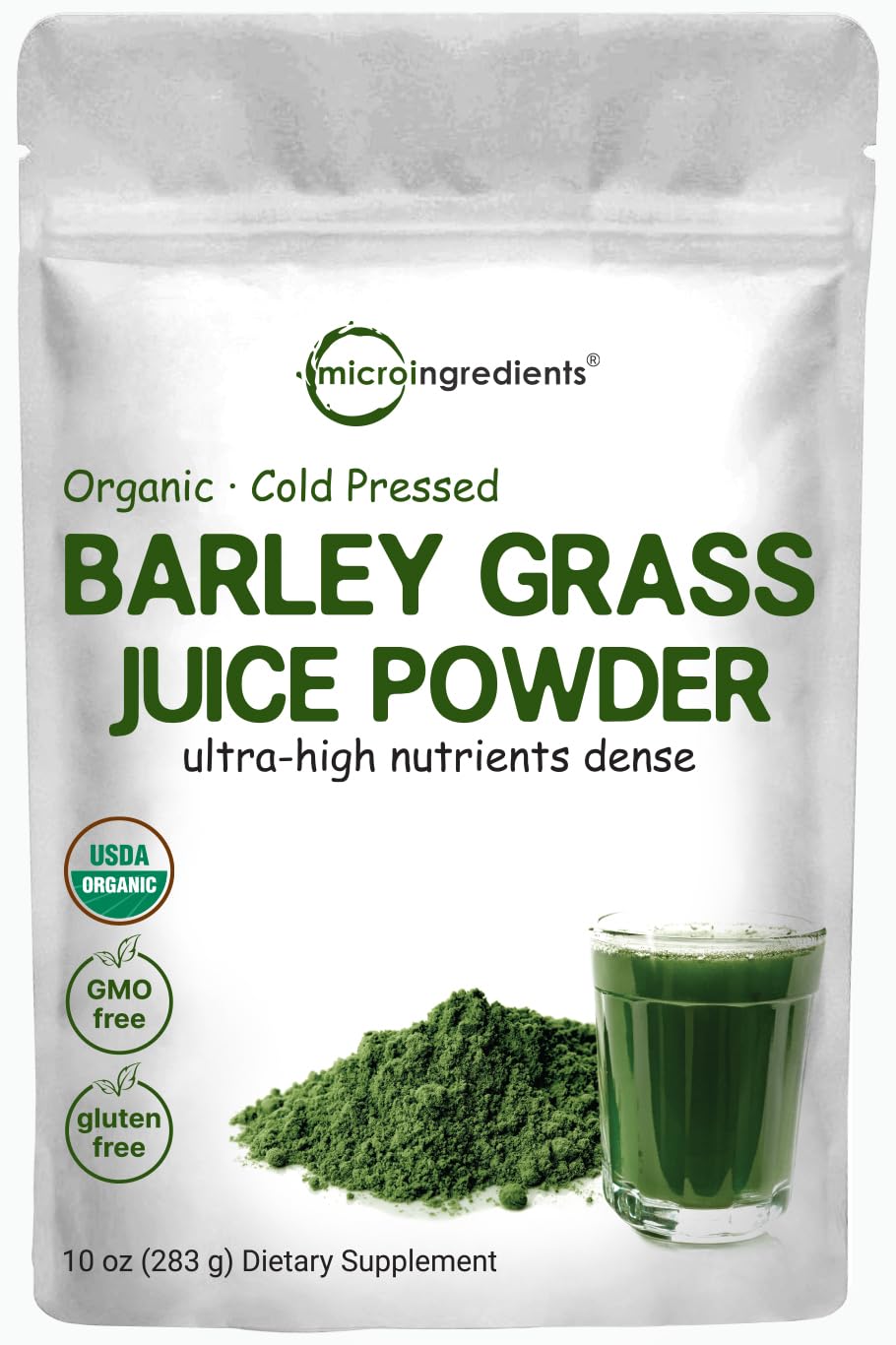 Micro Ingredients Barley Grass Juice Powder, empaque de 10 oz, fuente natural de nutrientes.