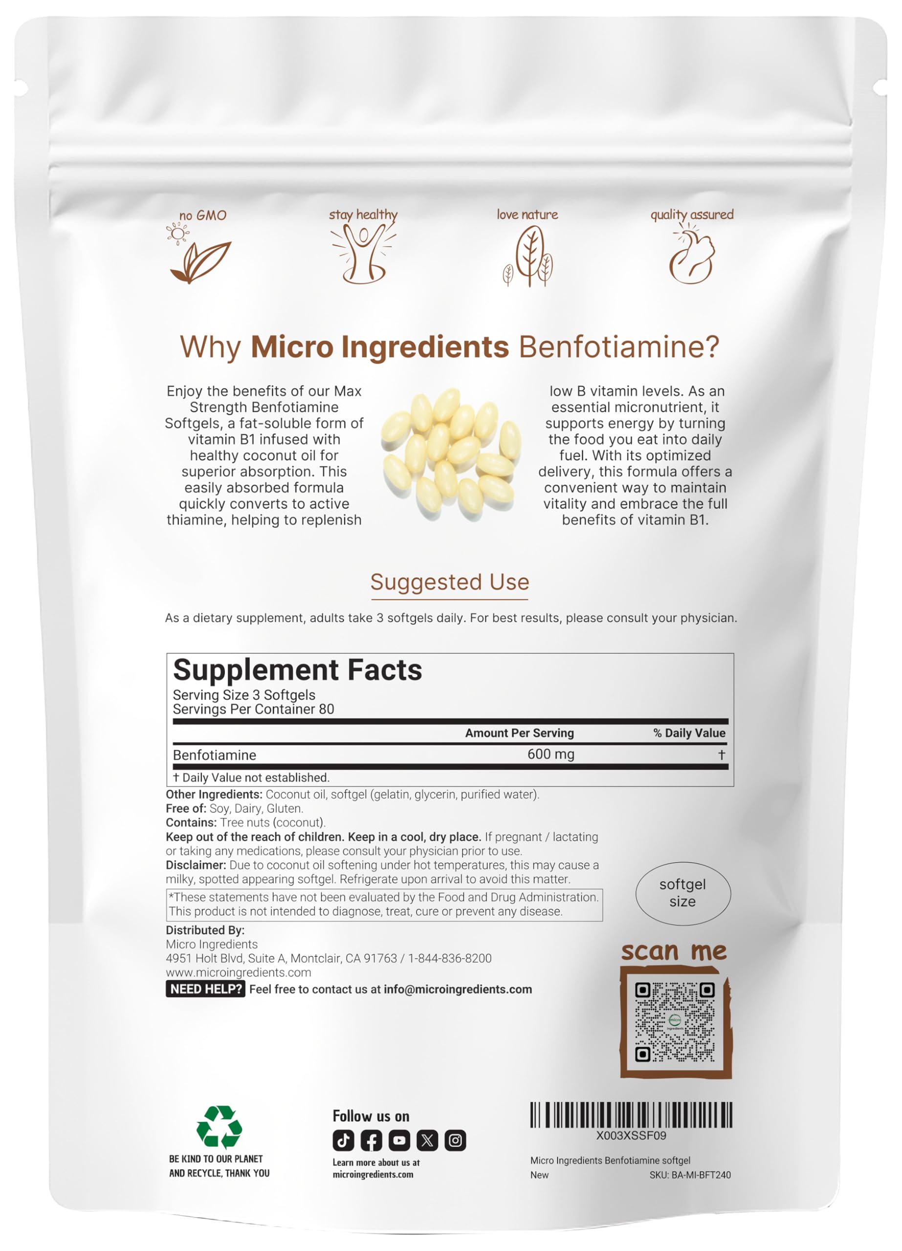 Benfotiamina 600 mg por porción en cápsulas gel suaves para uso diario