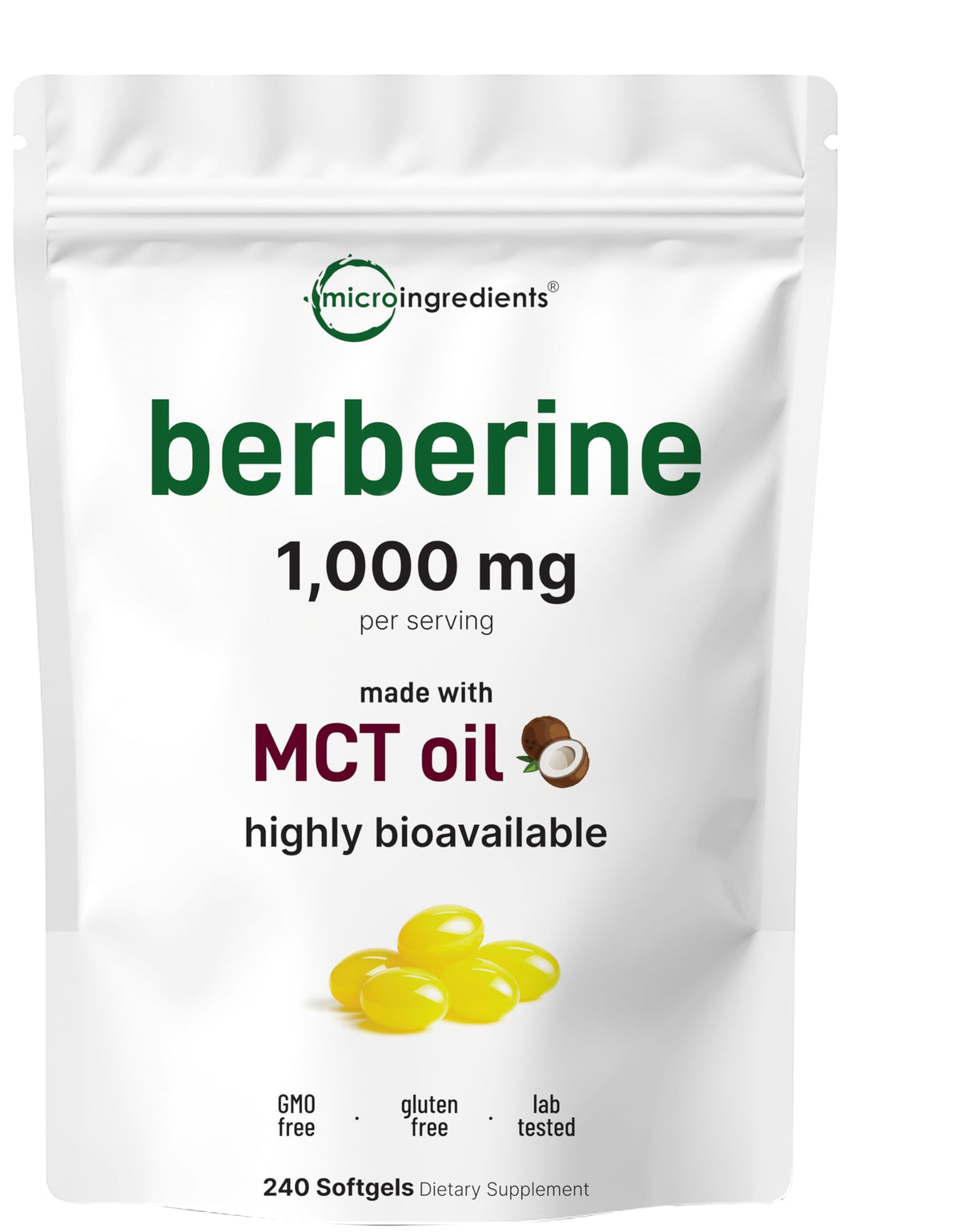 Botella de Micro Ingredients Berberina 1000 mg con MCT para mejor absorción.