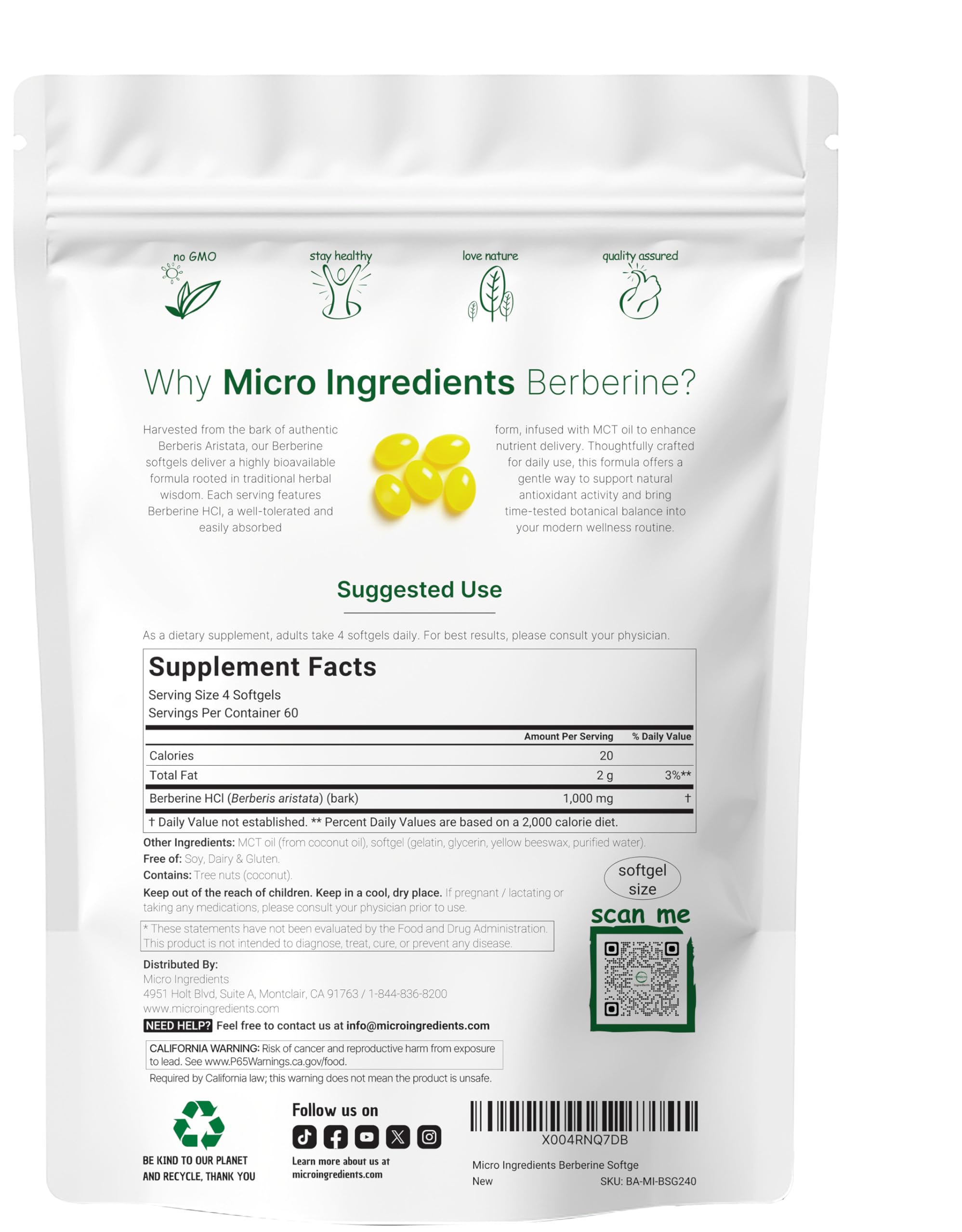 Cápsulas suaves de Berberina 1000 mg, fáciles de tragar y diarias.