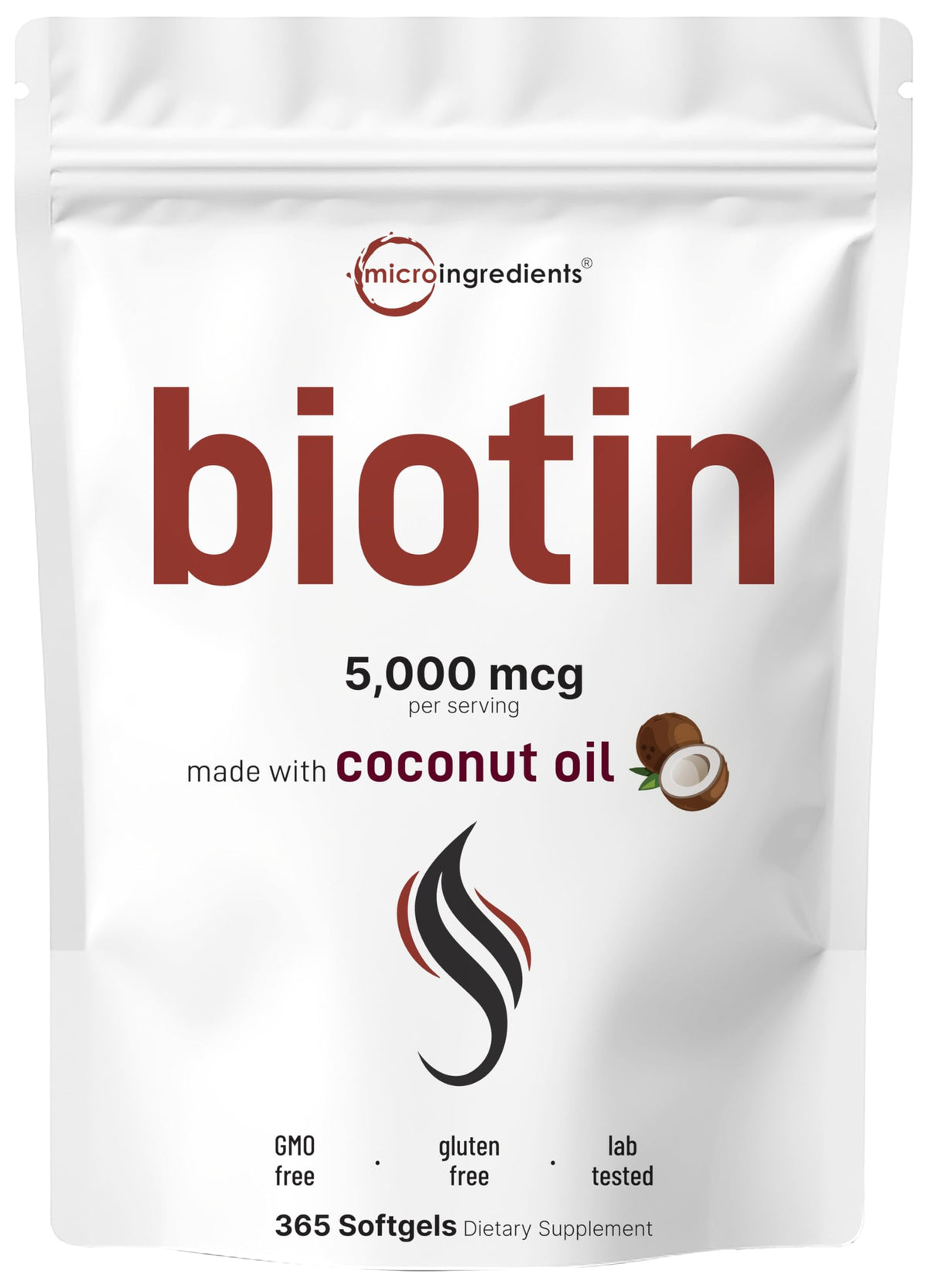 Micro Ingredients biotina 5000mcg cápsulas suaves, posible apoyo para cabello y piel saludable.
