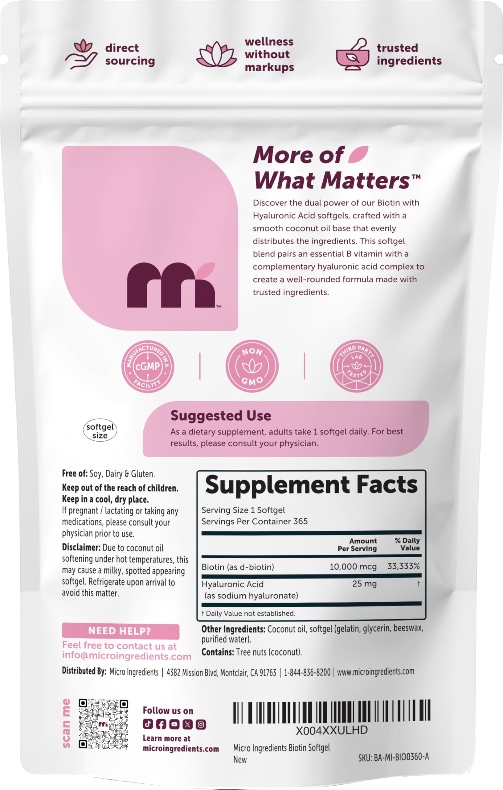 Micro Ingredients Biotina Hialuronico producto sin soja ni lacteos para estilo de vida limpio.
