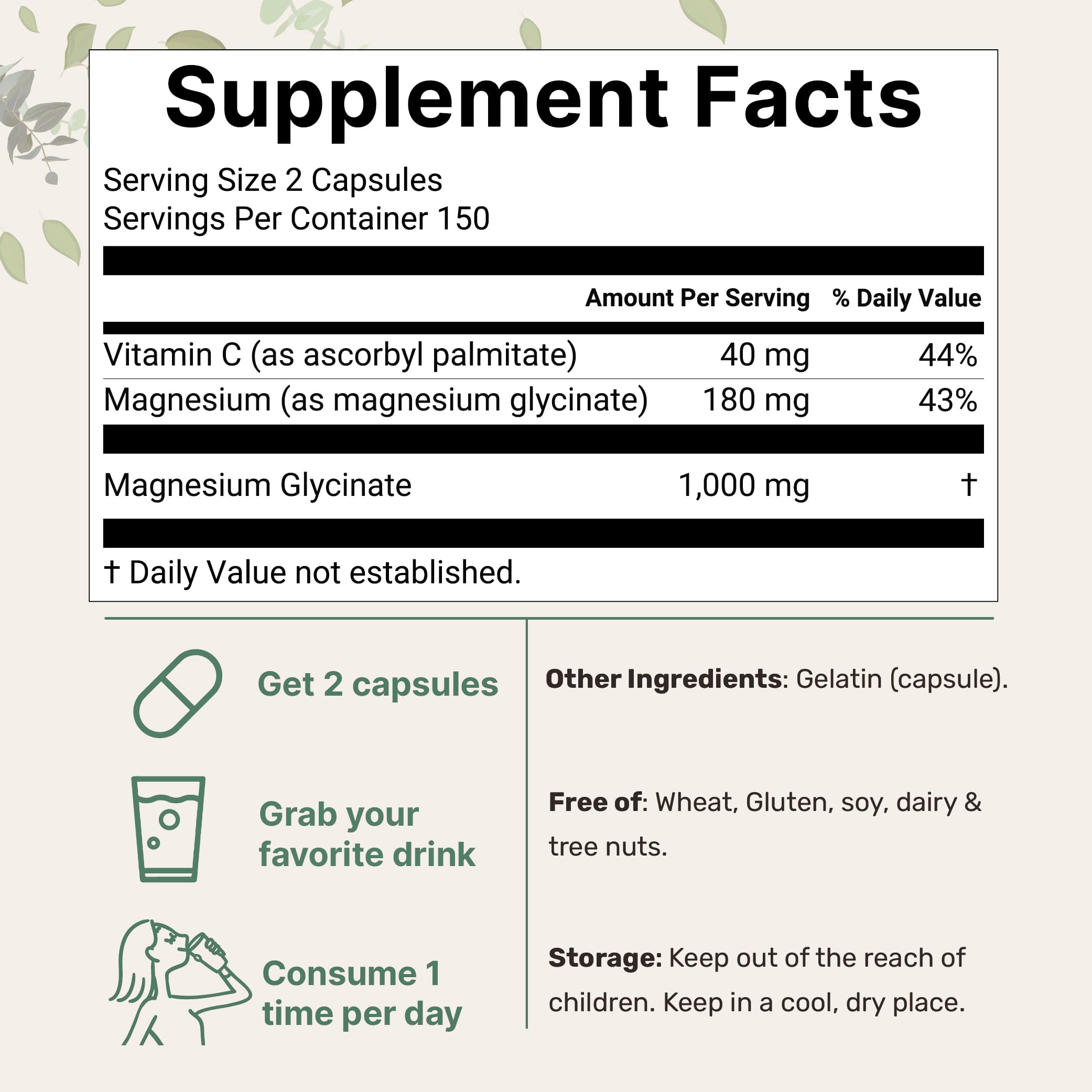 Cápsulas de Micro Ingredients con magnesio glicinato y vitamina C para absorción.