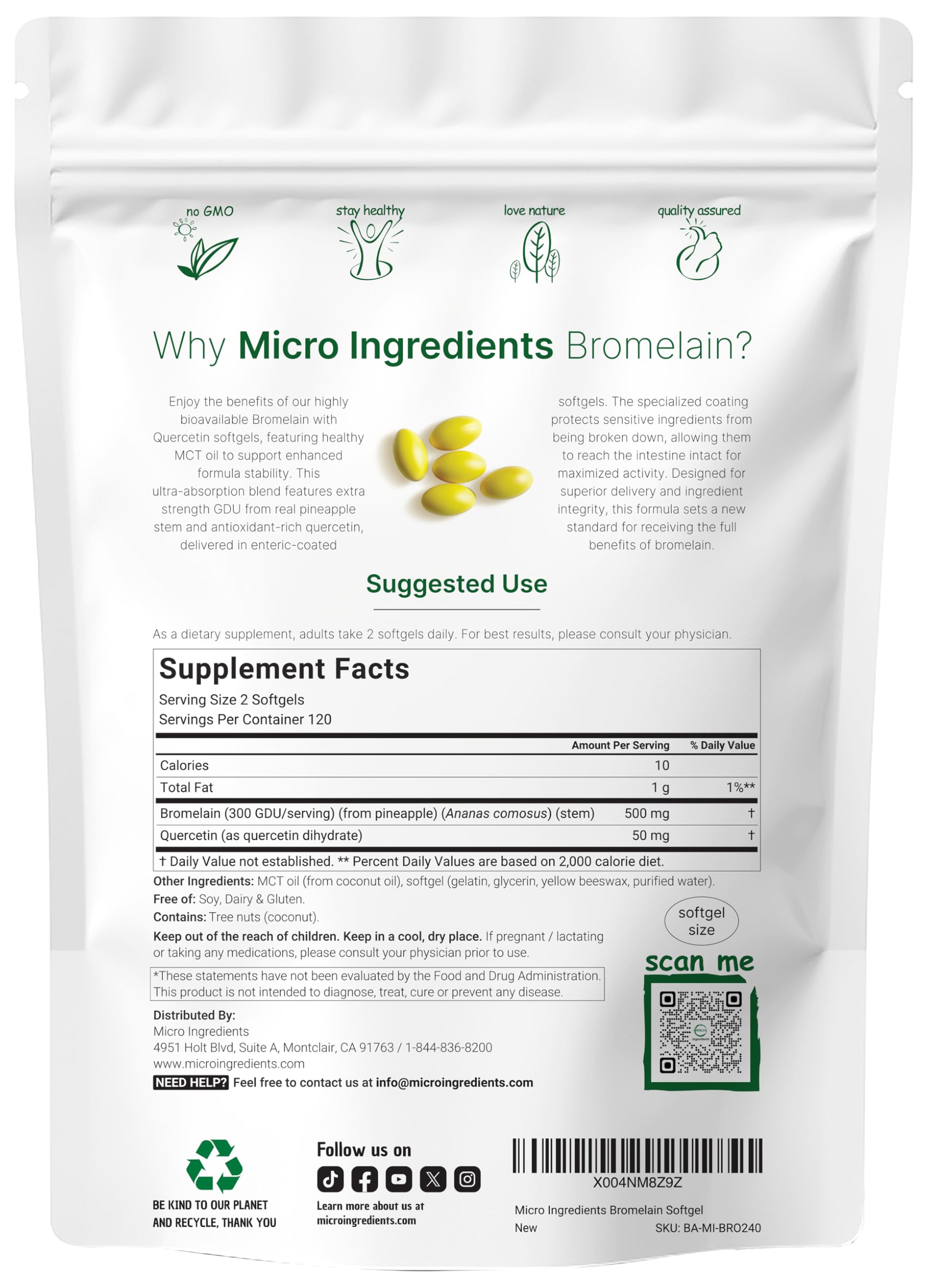 Botella de Micro Ingredients Bromelina con recubrimiento enterico para mayor estabilidad.