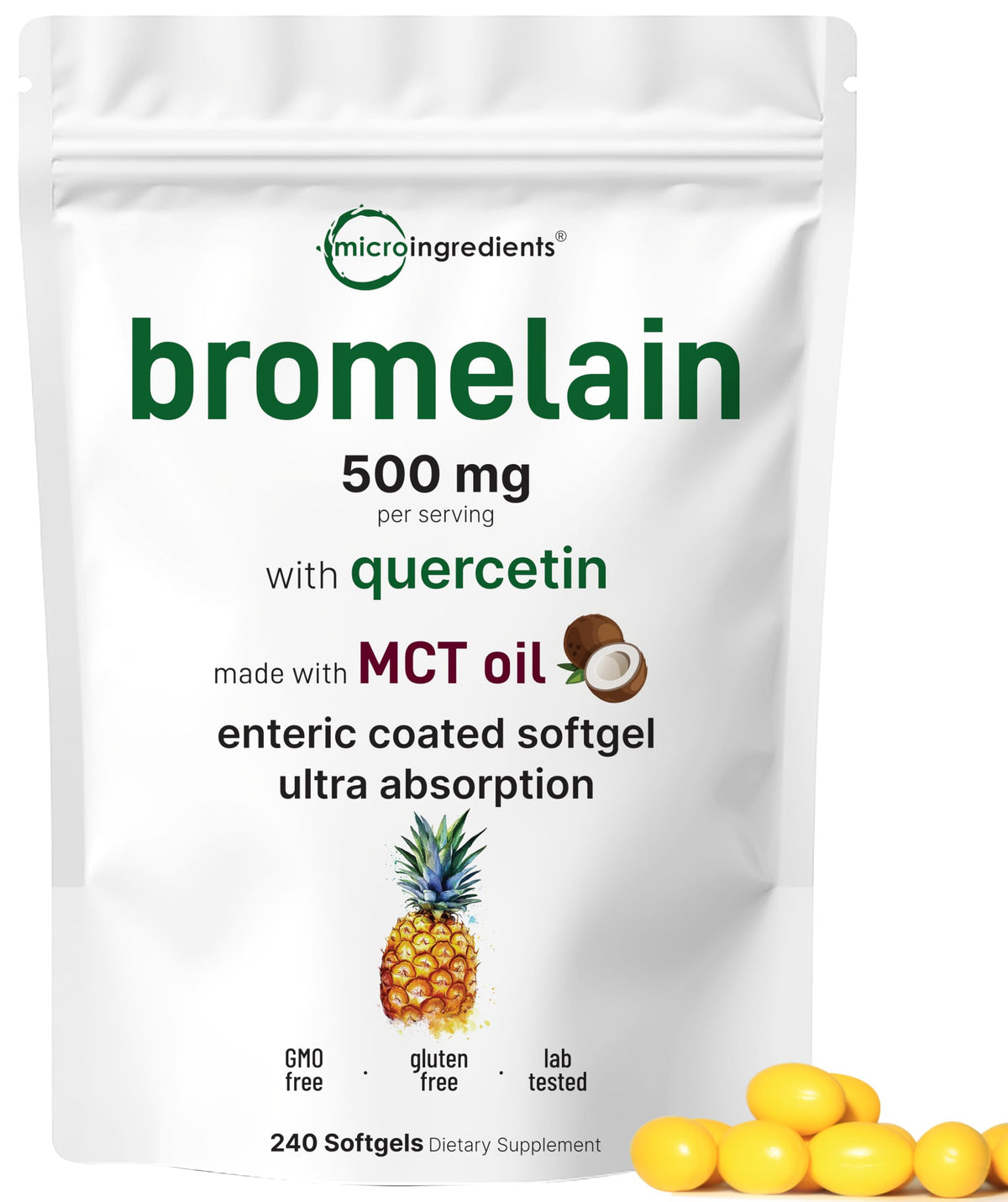 Micro Ingredients Bromelina con Quercetina y MCT en cápsulas suaves para apoyo digestivo.