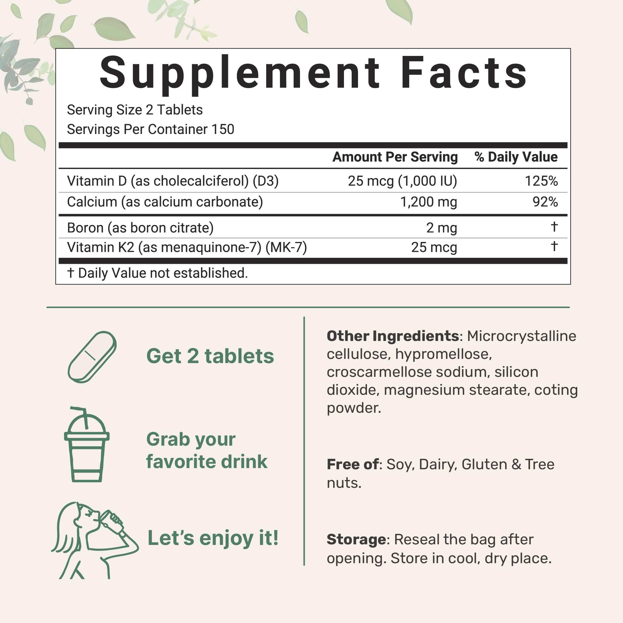 Envase compacto de Micro Ingredients calcio 1200 mg con D3 y K2 para toma diaria.