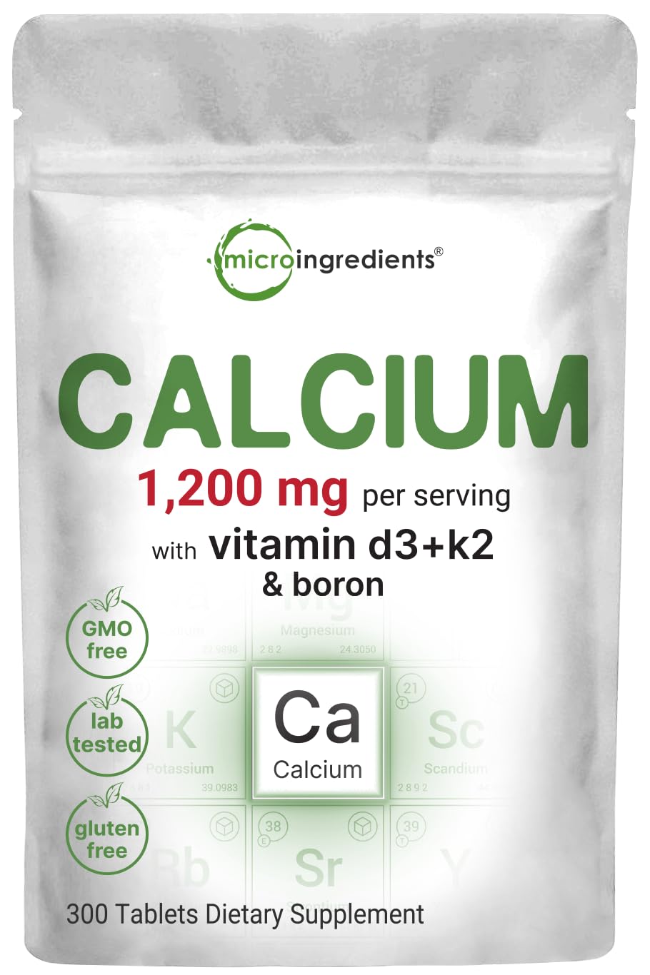 Calcio Micro Ingredients 1200 mg con D3 y K2, tabletas recubiertas para dosificación fácil.