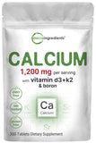 Calcio Micro Ingredients 1200 mg con D3 y K2, tabletas recubiertas para dosificación fácil.
