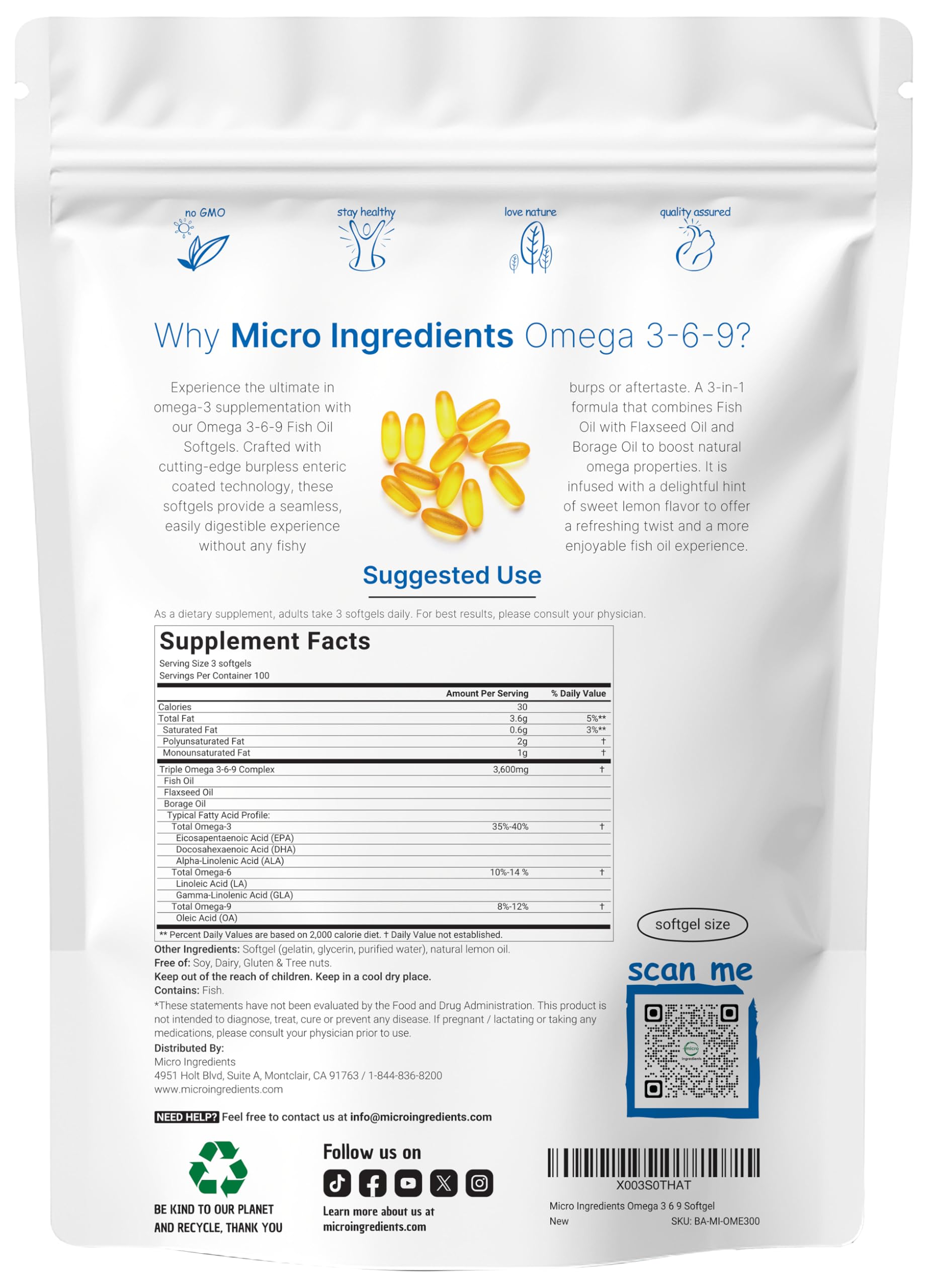 Cápsulas Micro Ingredients omega 3-6-9 sin regusto.