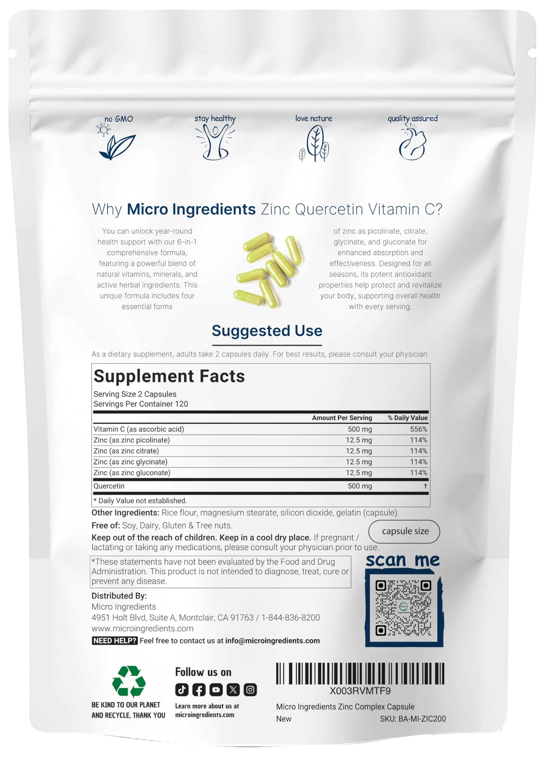 Cápsulas de quercetina de Micro Ingredients, 500 mg por dosis.