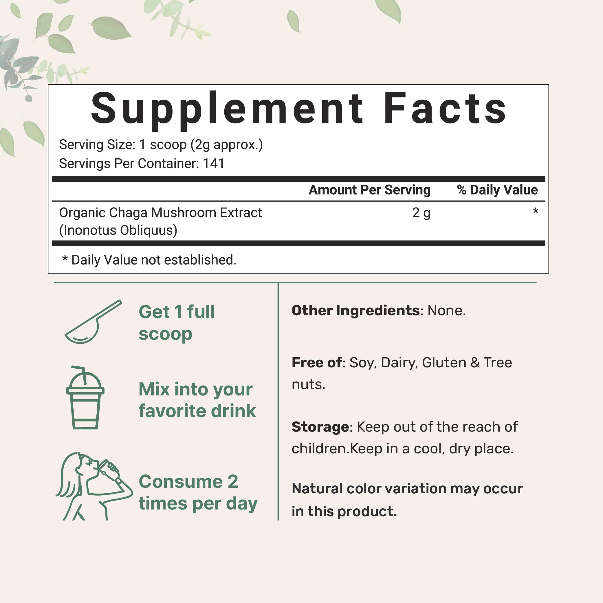 Micro Ingredients Chaga etiqueta vegana y libre de OGM, apta para consumo diario.