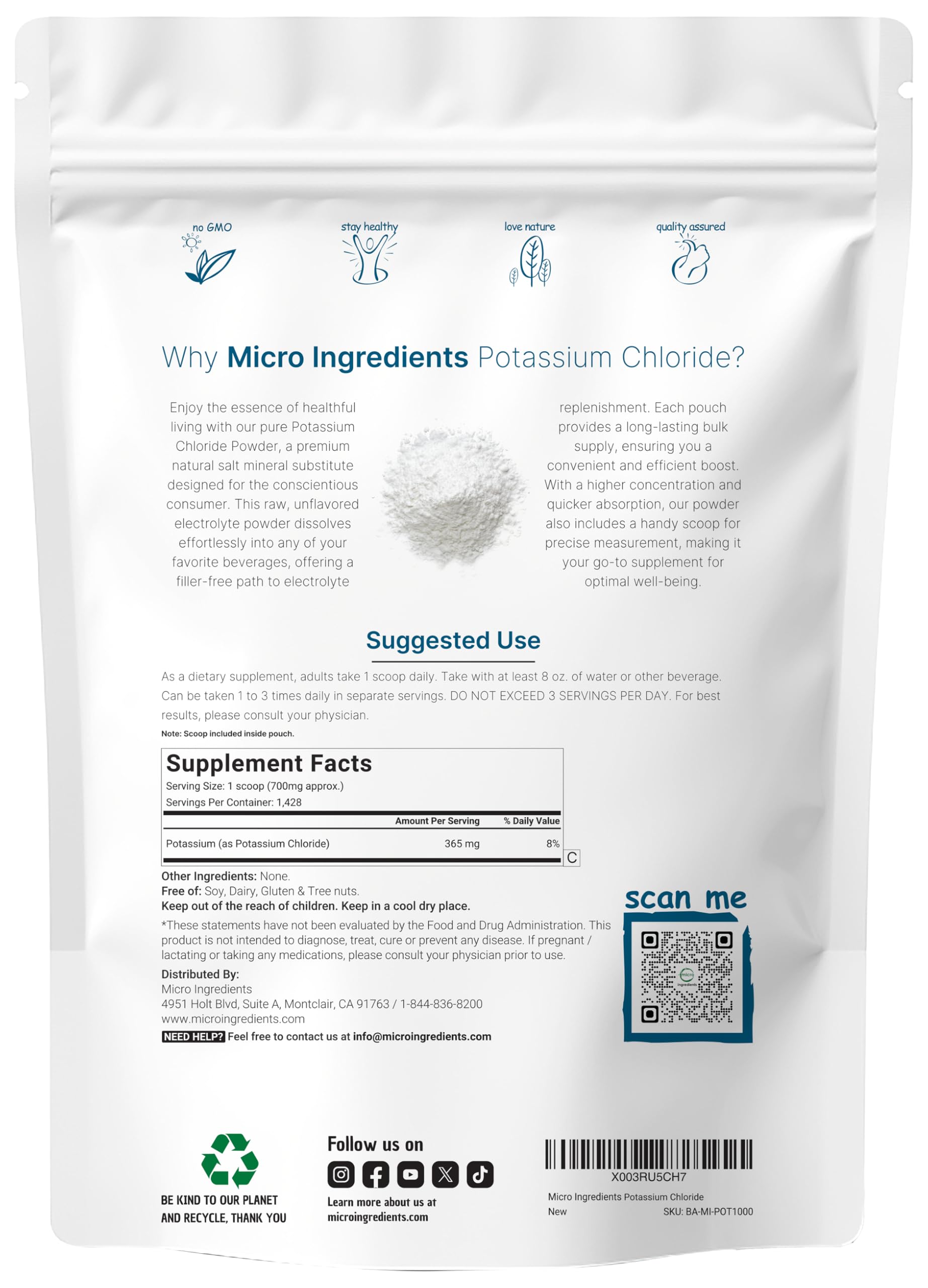 Micro Ingredients cloruro de potasio cucharilla medida: garantiza dosis precisas.
