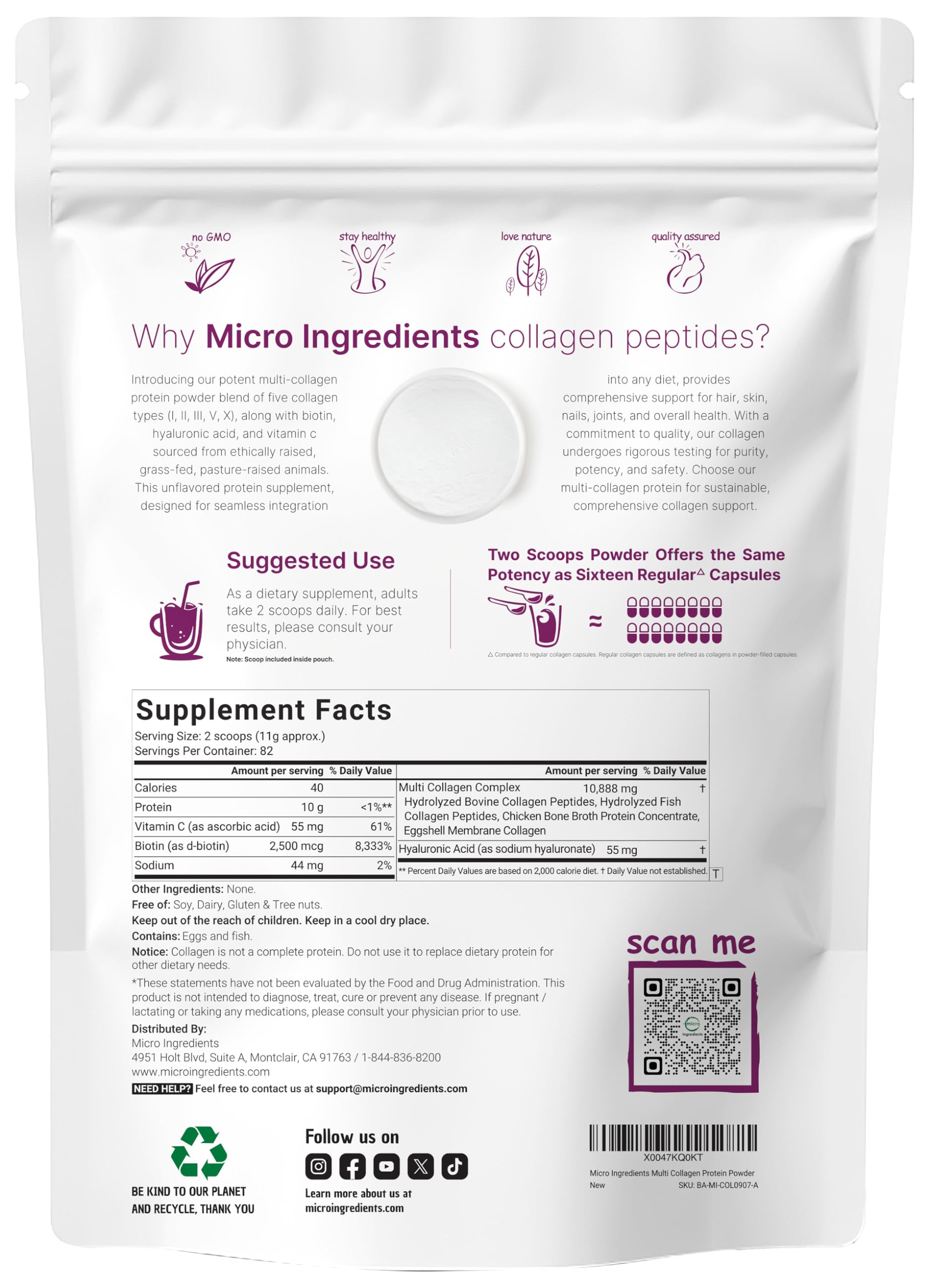 Micro Ingredients colágeno hidrolizado 8 en 1, ideal para batidos diarios