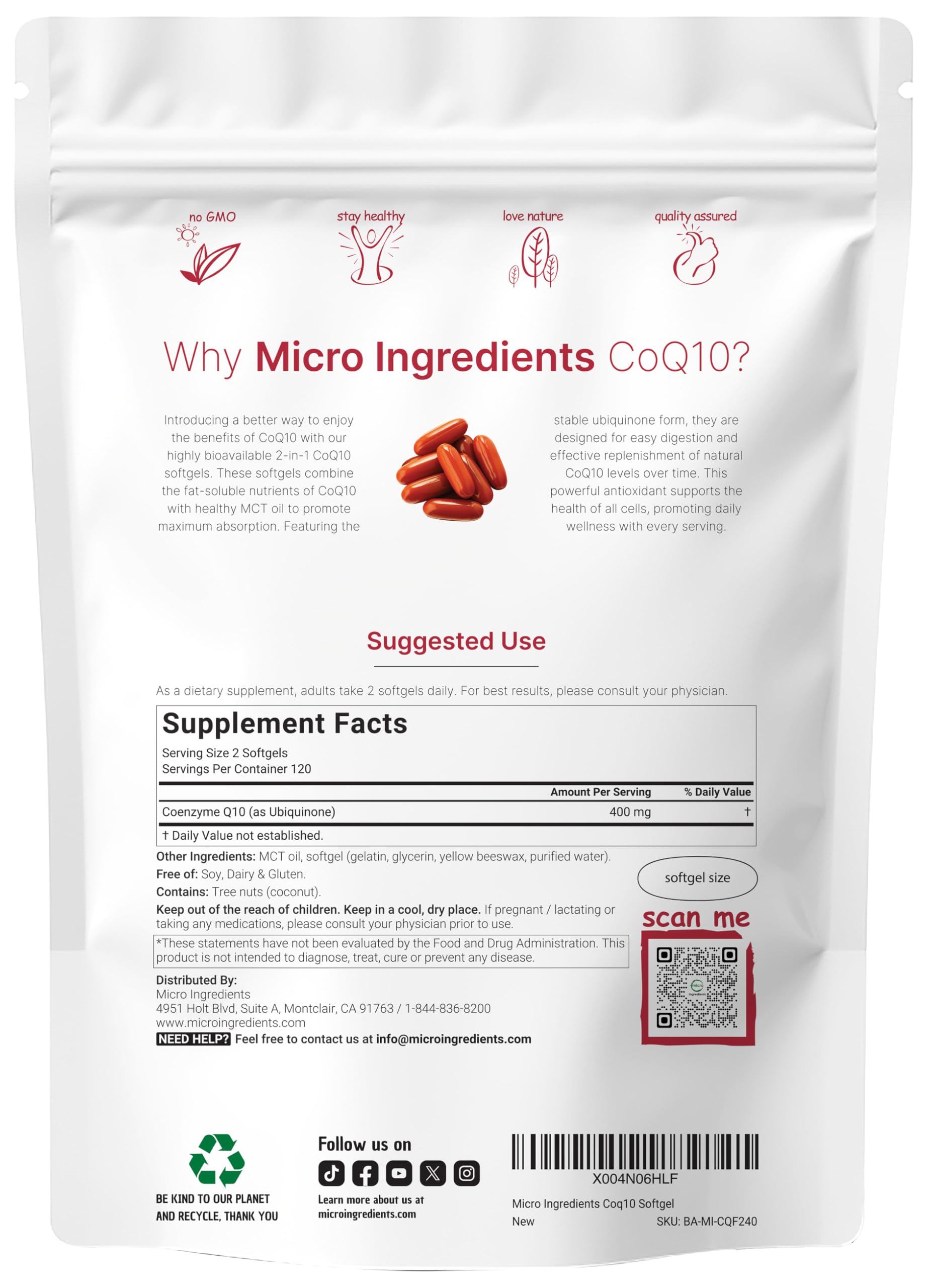 Micro Ingredients CoQ10 botella con MCT para digestión suave.