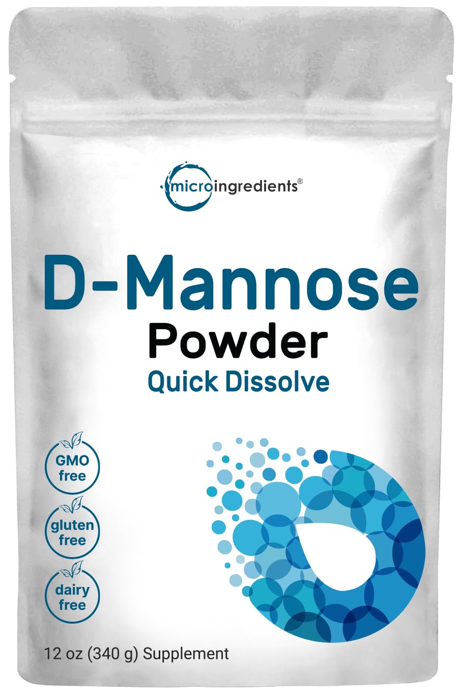 Micro Ingredients D-Mannose en polvo con empaque de 340 g para uso diario.