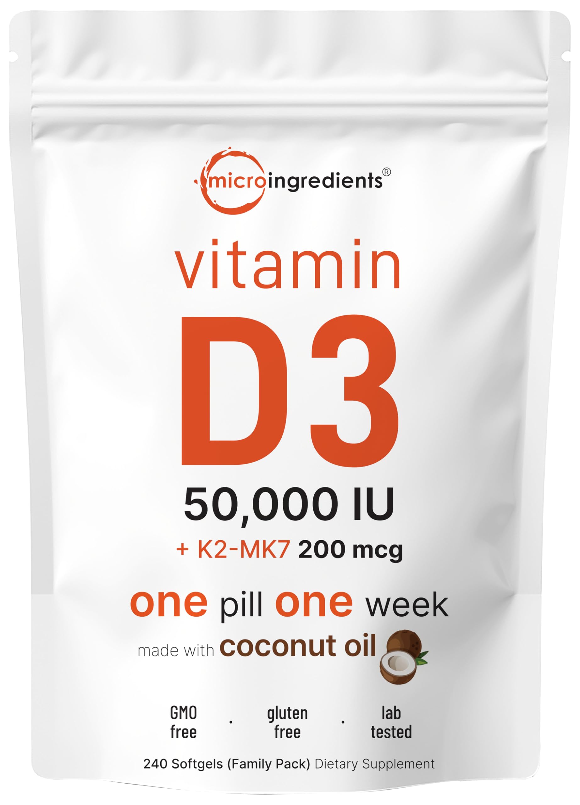 Micro Ingredients Vitamina D3 + K2, botella con softgels, apoyo a huesos y dientes.