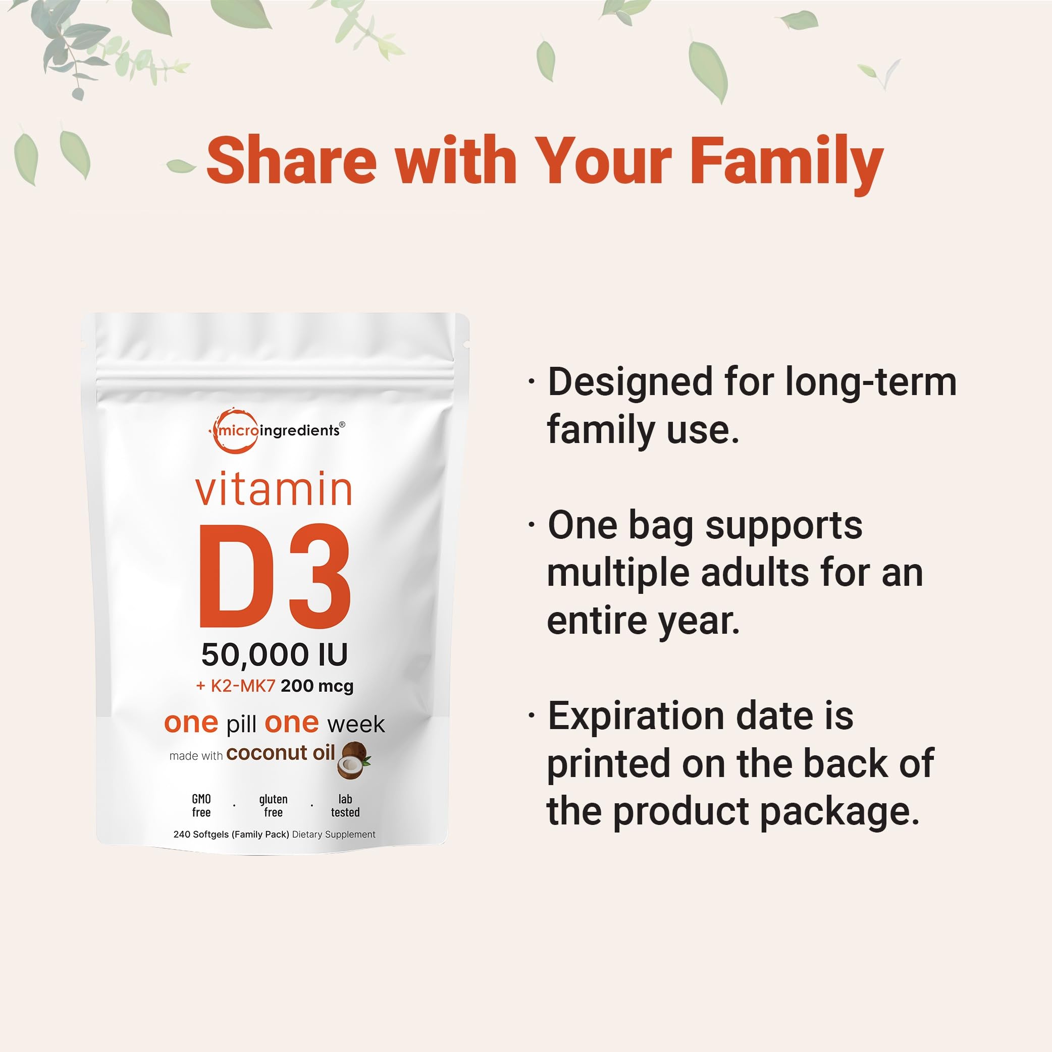 Micro Ingredients envase de 240 softgels, dosis semanal conveniente para uso familiar.