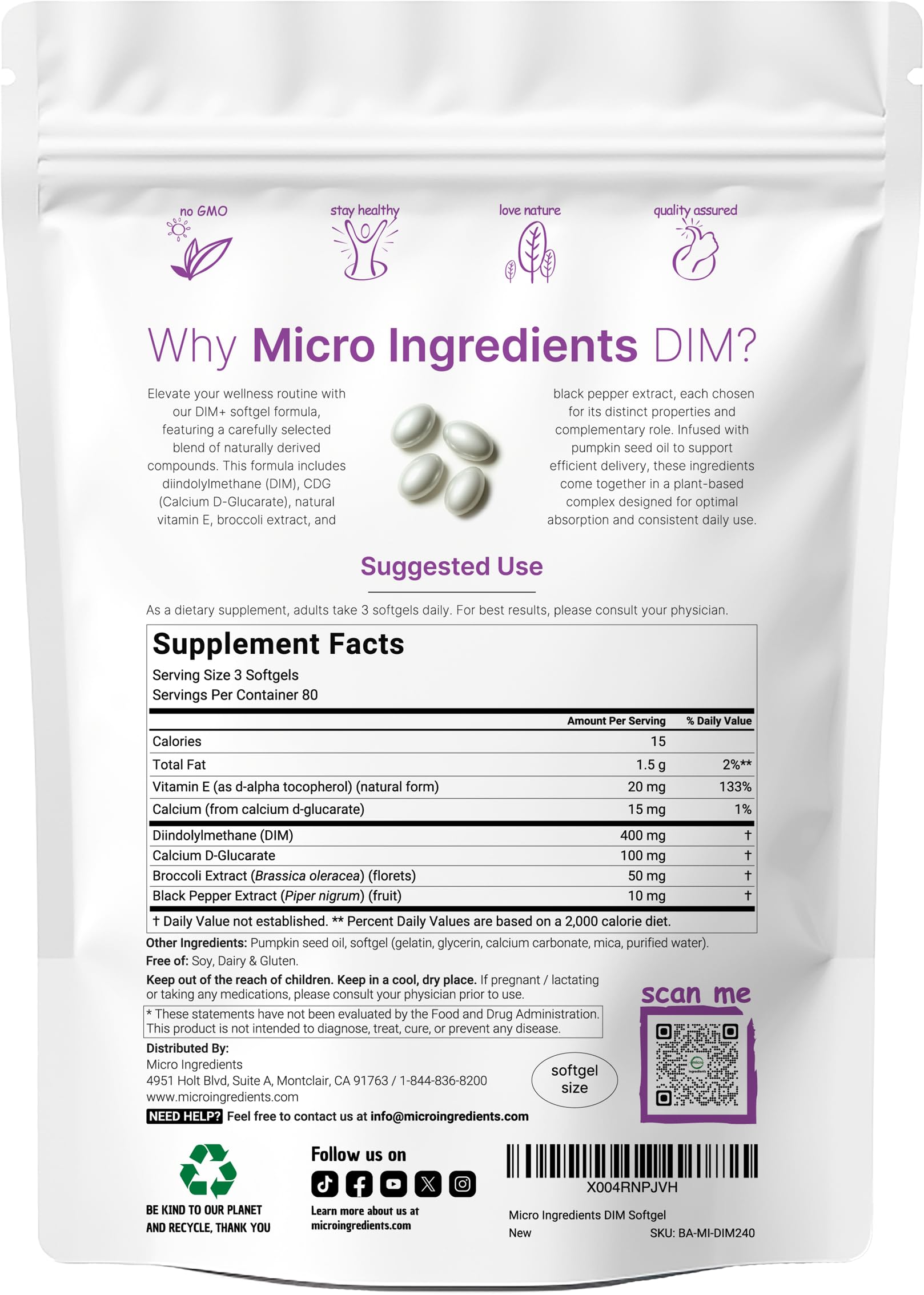 DIM+ Micro Ingredients cápsulas visibles para ingesta práctica diaria.