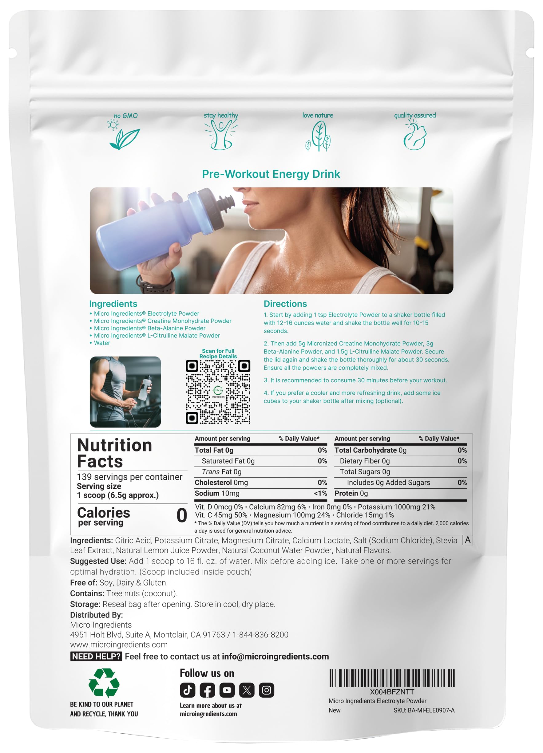 Envase de 2 libras de Micro Ingredients Electrolyte Powder listo para porciones.