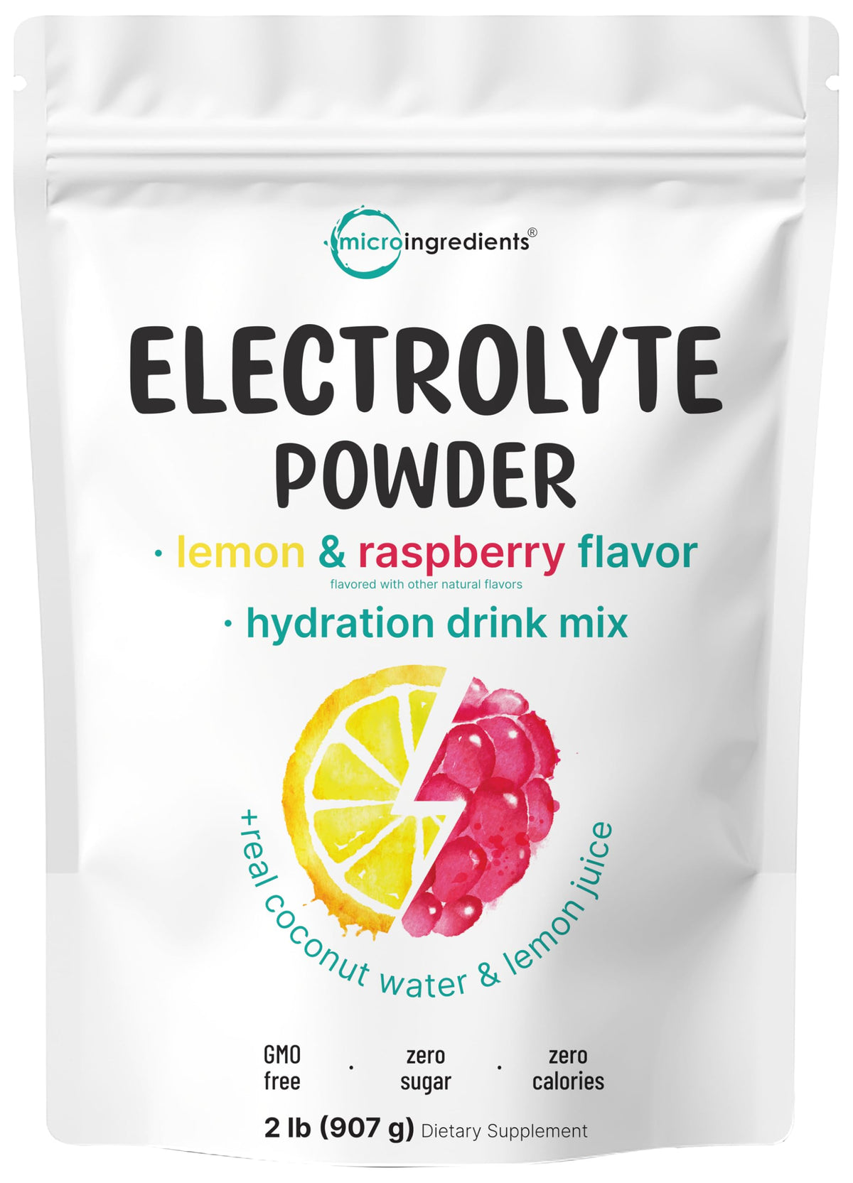 Micro Ingredients Electrolyte Powder sabor limón-frambuesa en botella, bebida refrescante para hidratación diaria.