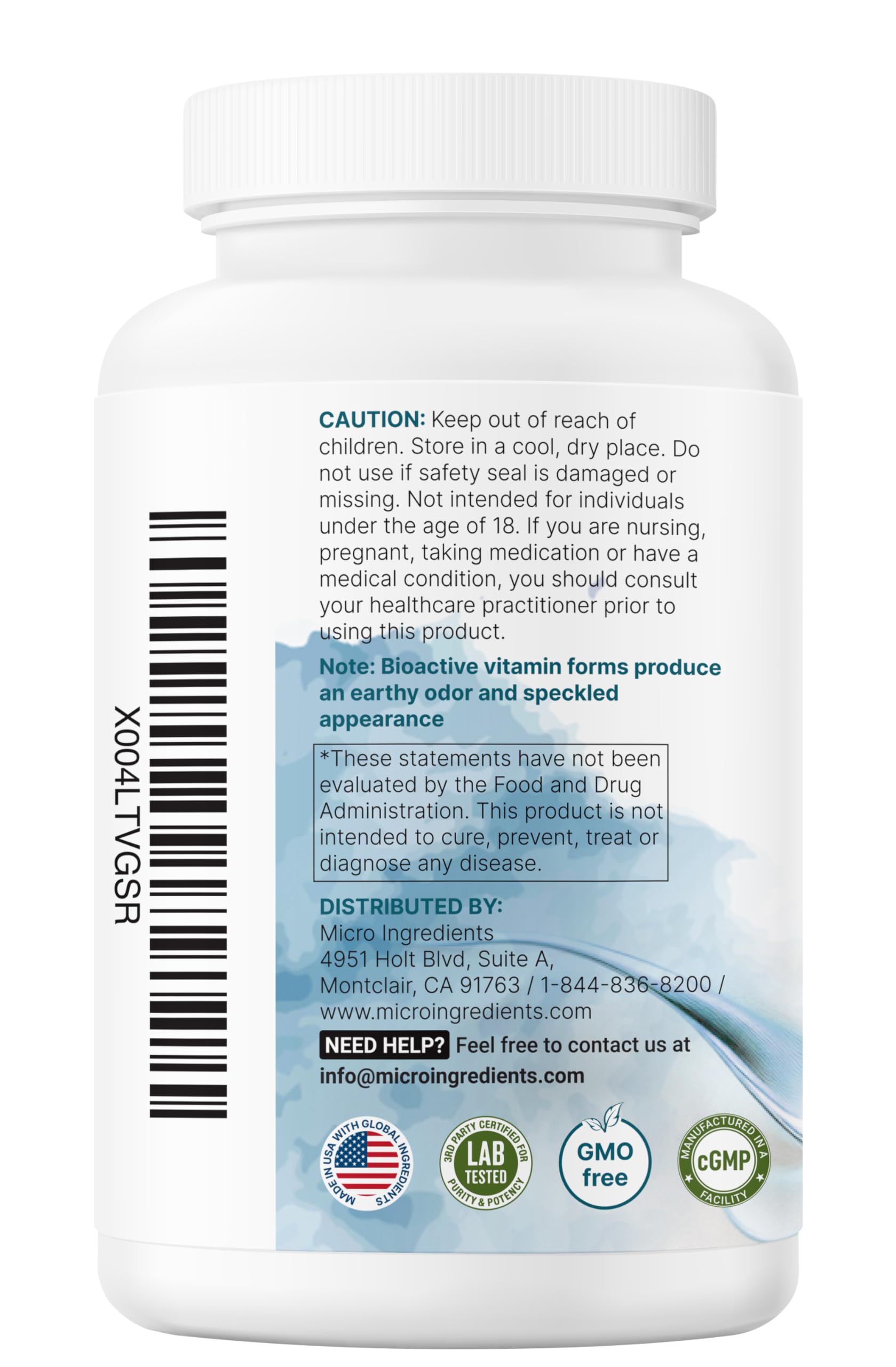 Embalaje frontal de Micro Ingredients destacando su compromiso con la pureza.