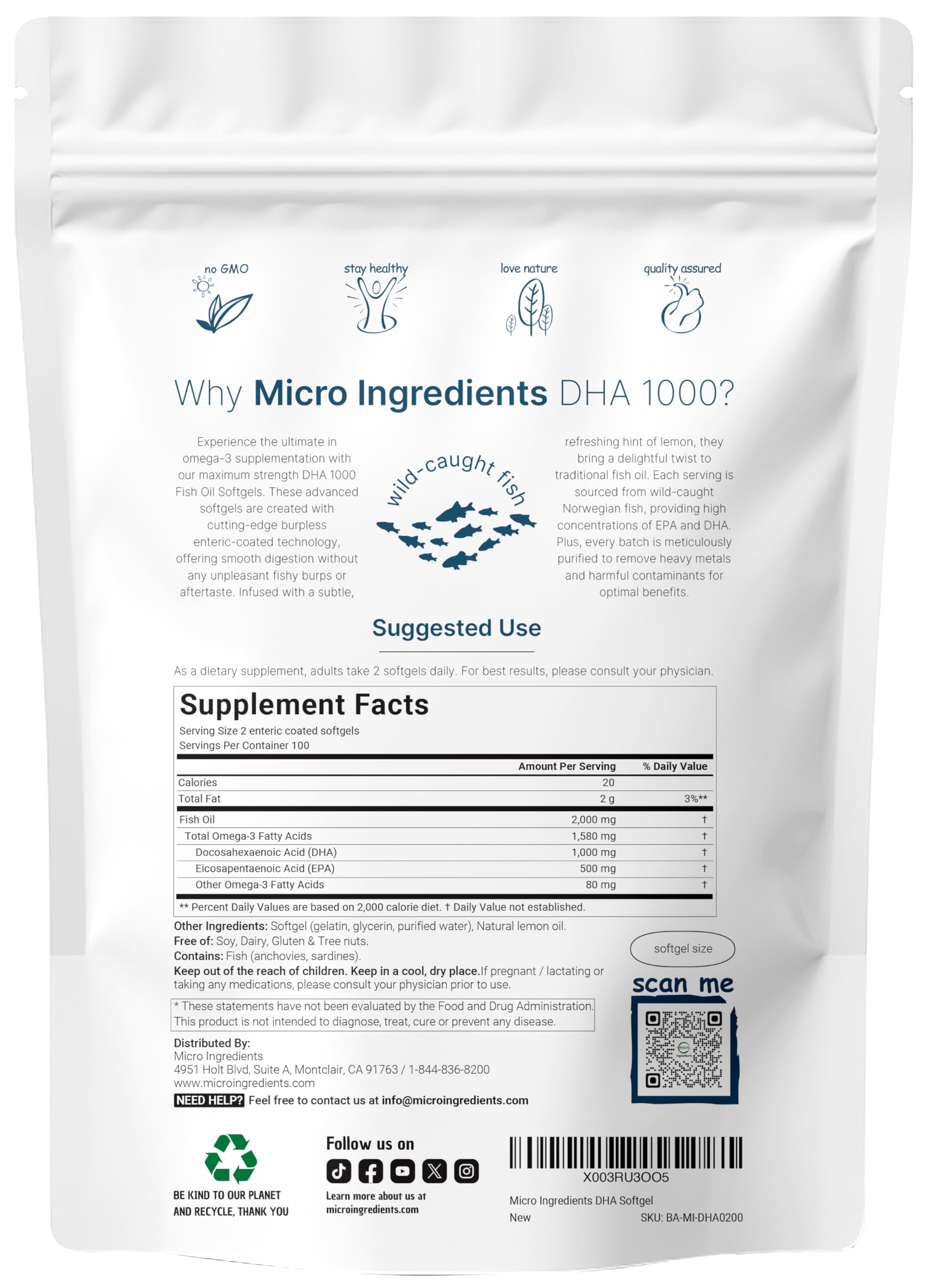 Empaque Micro Ingredients con 200 softgels para suministro de 100 días.