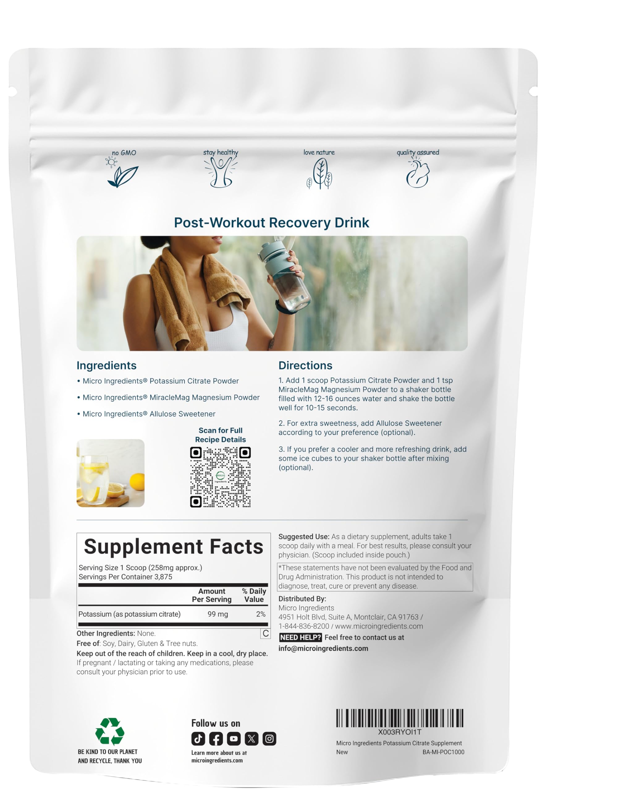 Envase de 1 kg Micro Ingredients, fácil de almacenar y usar.