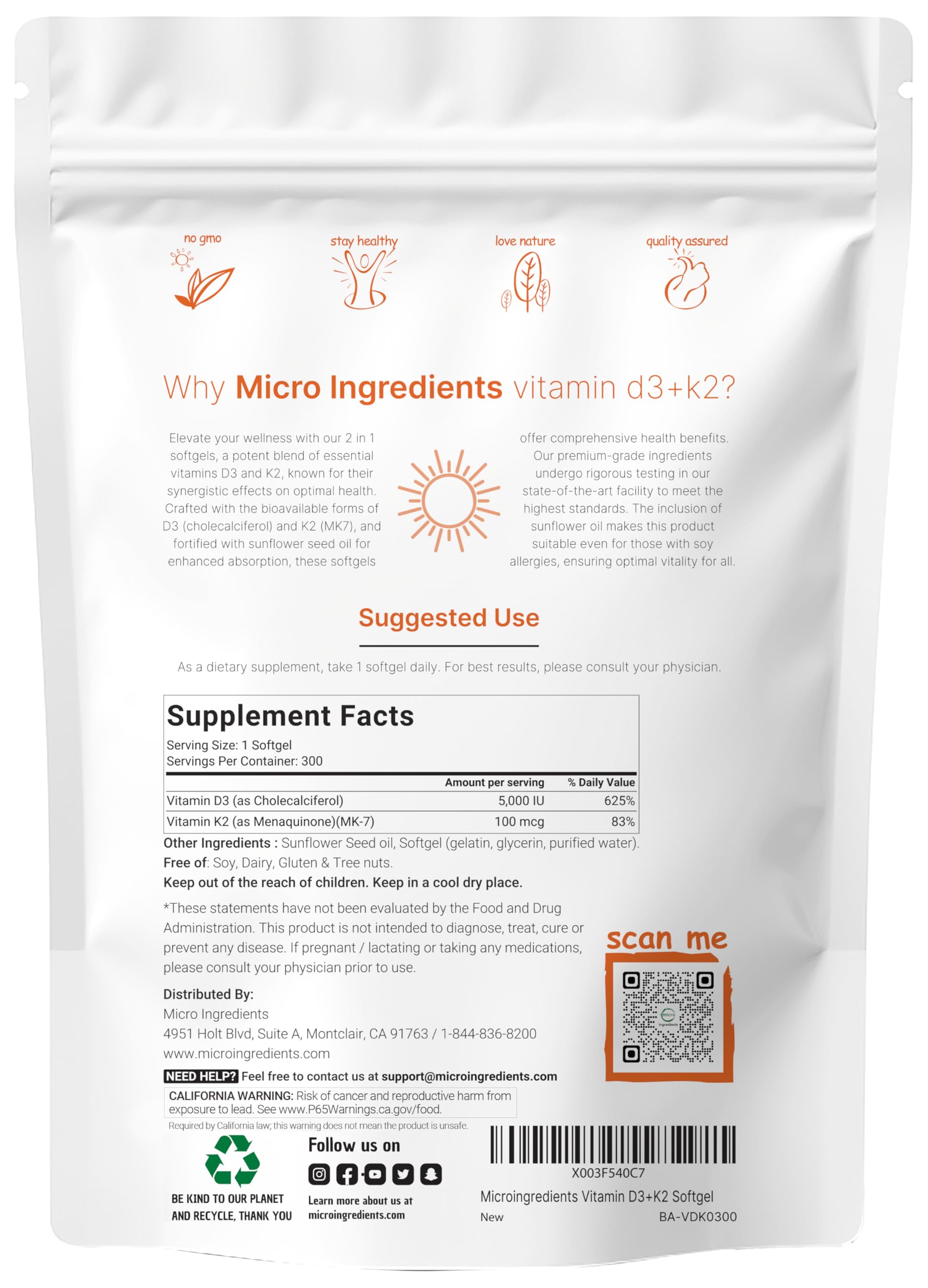 Envase de cápsulas D3 K2 de Micro Ingredients en casa.