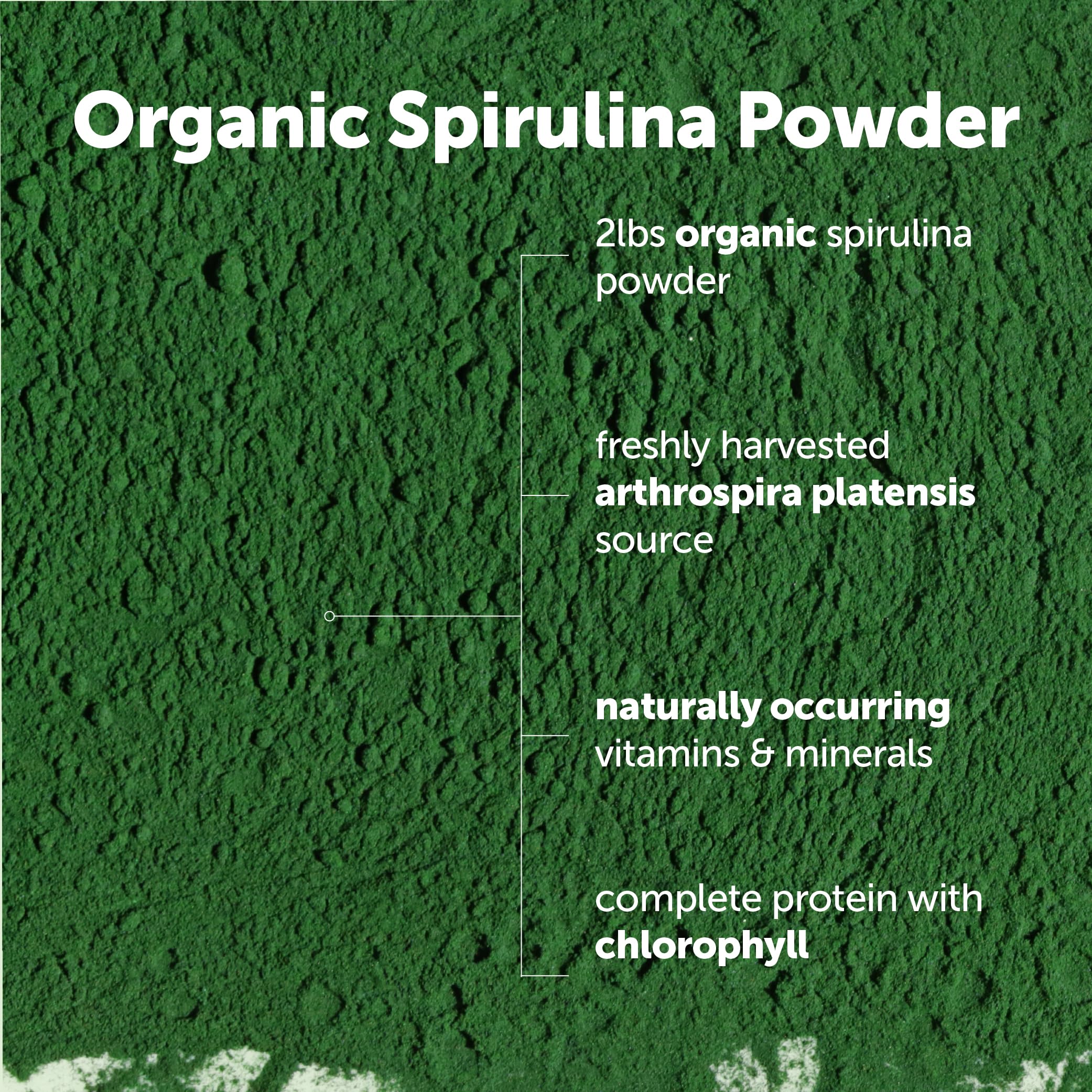 Micro Ingredients espirulina bolsa 2lb con cuchara: almacenamiento y uso diario.