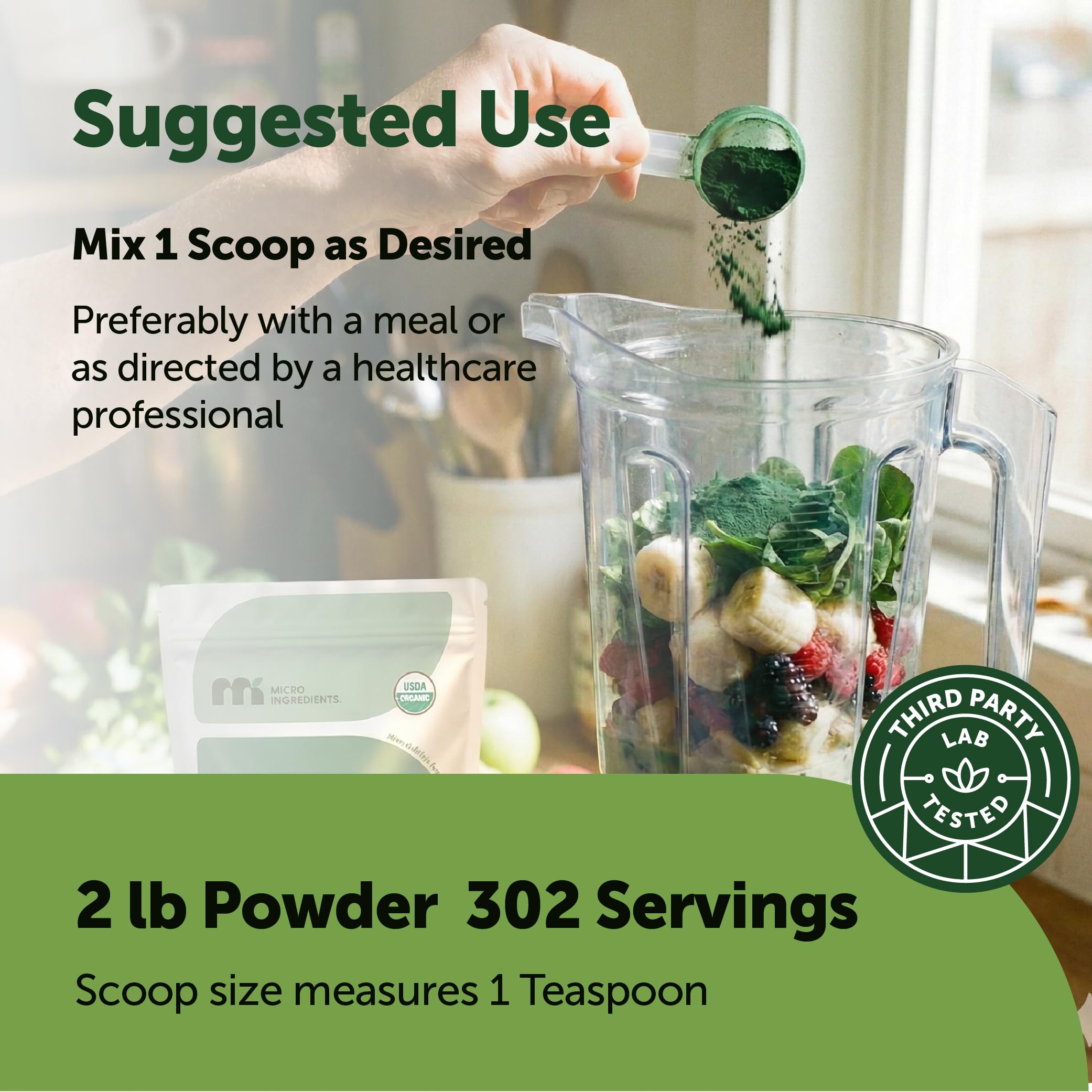 Micro Ingredients espirulina para batidos verdes: mezcla suave y rápida.