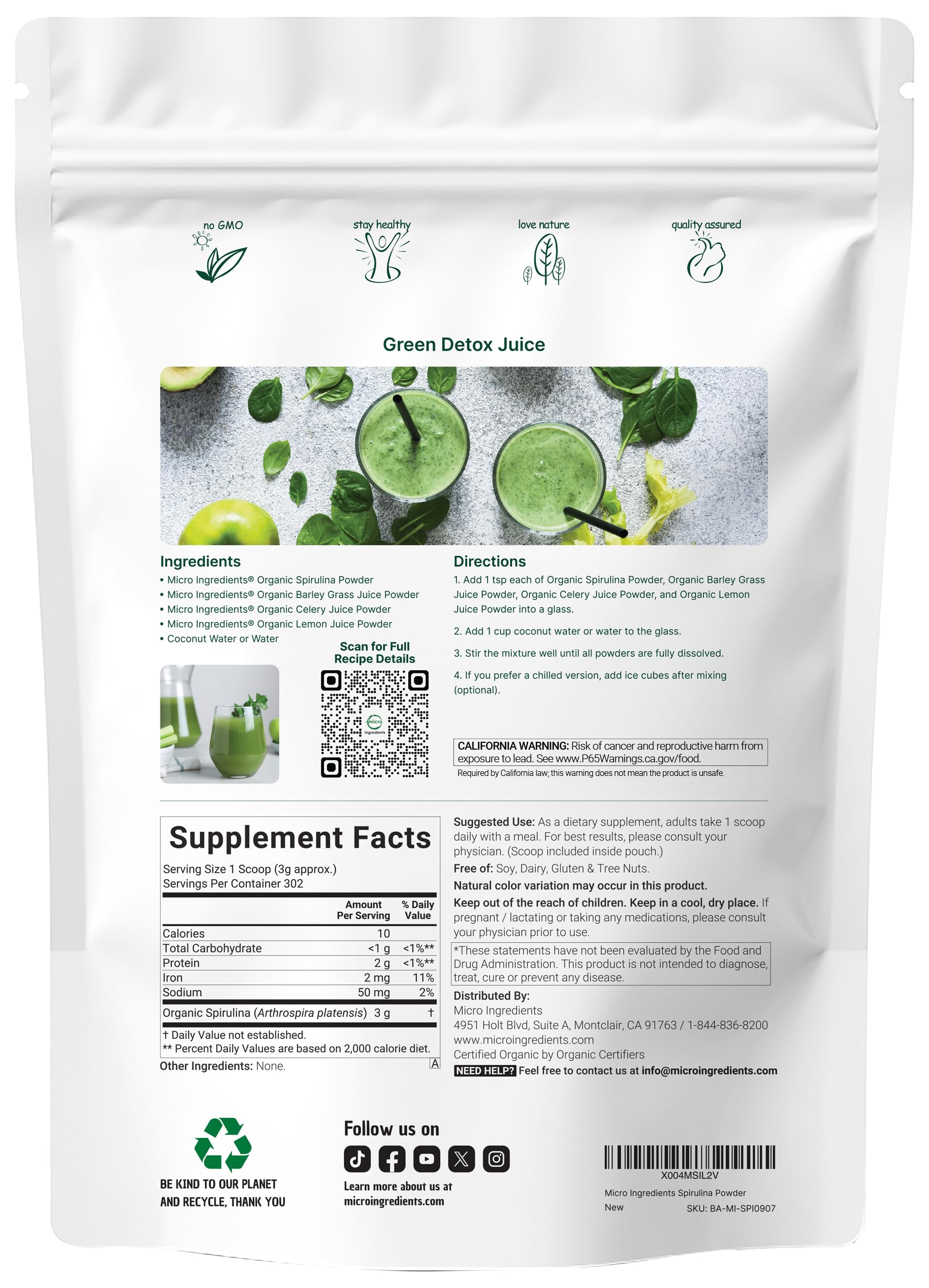 Micro Ingredients espirulina sin OGM y sin gluten: opción vegana.