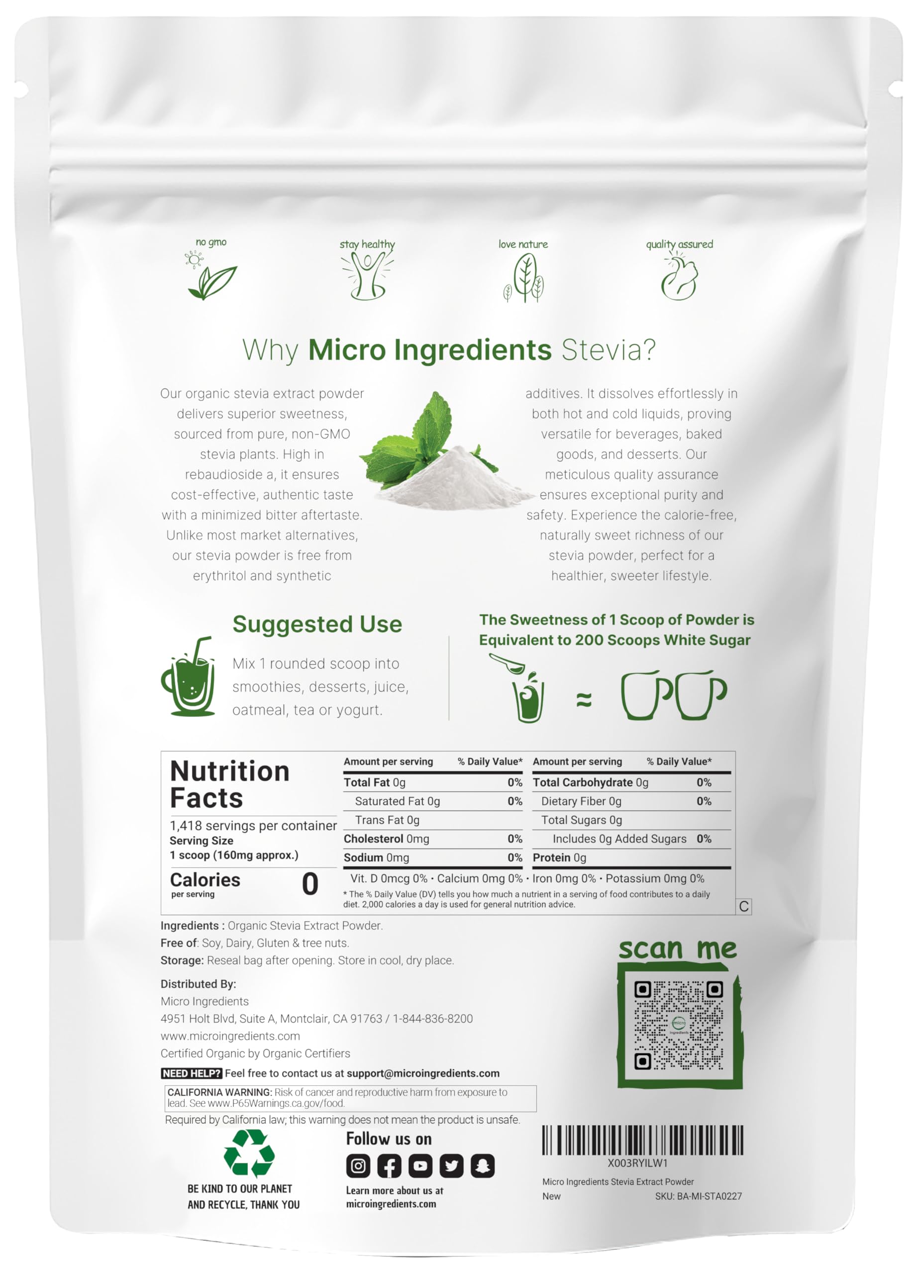 Micro Ingredients Estevia Reb-A polvo, endulzante suave de hoja verde.