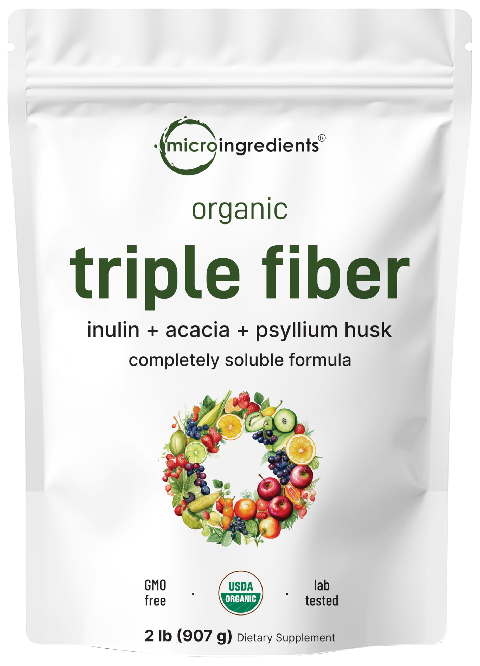 Micro Ingredients fibra triple orgánica en bote 2 libras para uso diario.