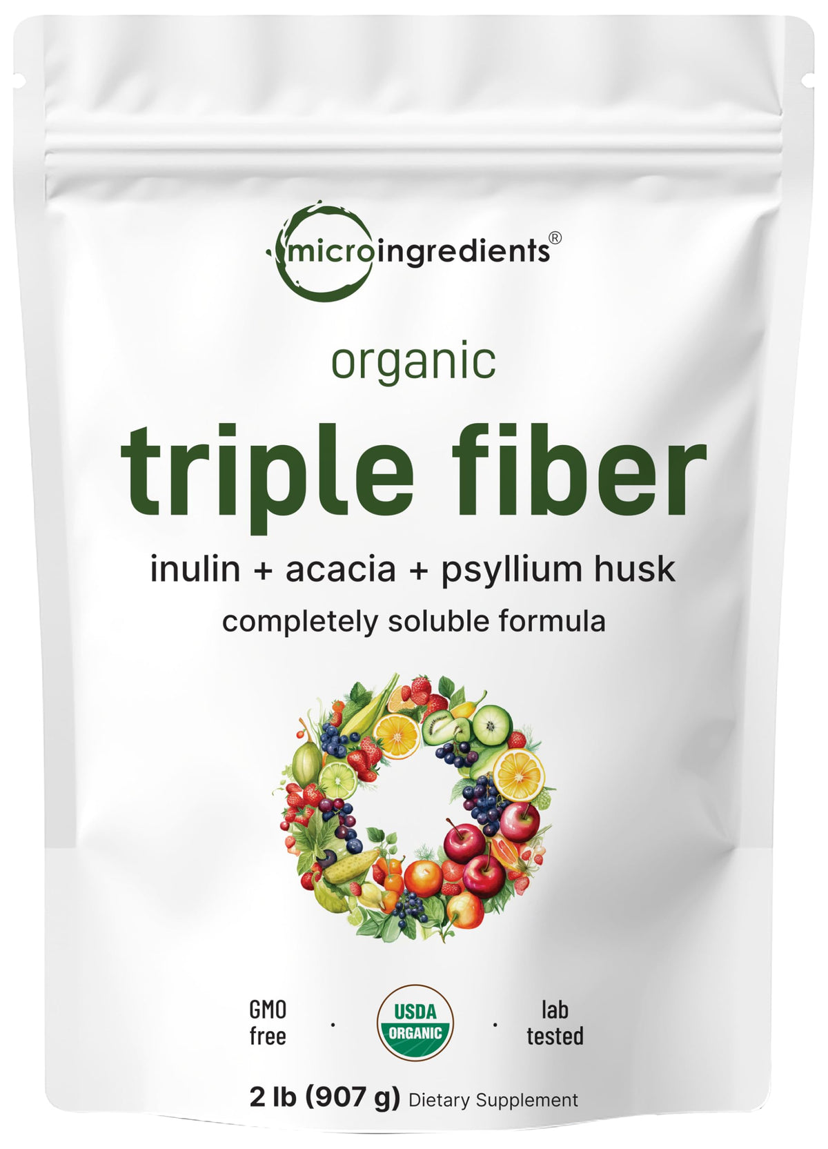 Micro Ingredients fibra triple orgánica en bote 2 libras para uso diario.