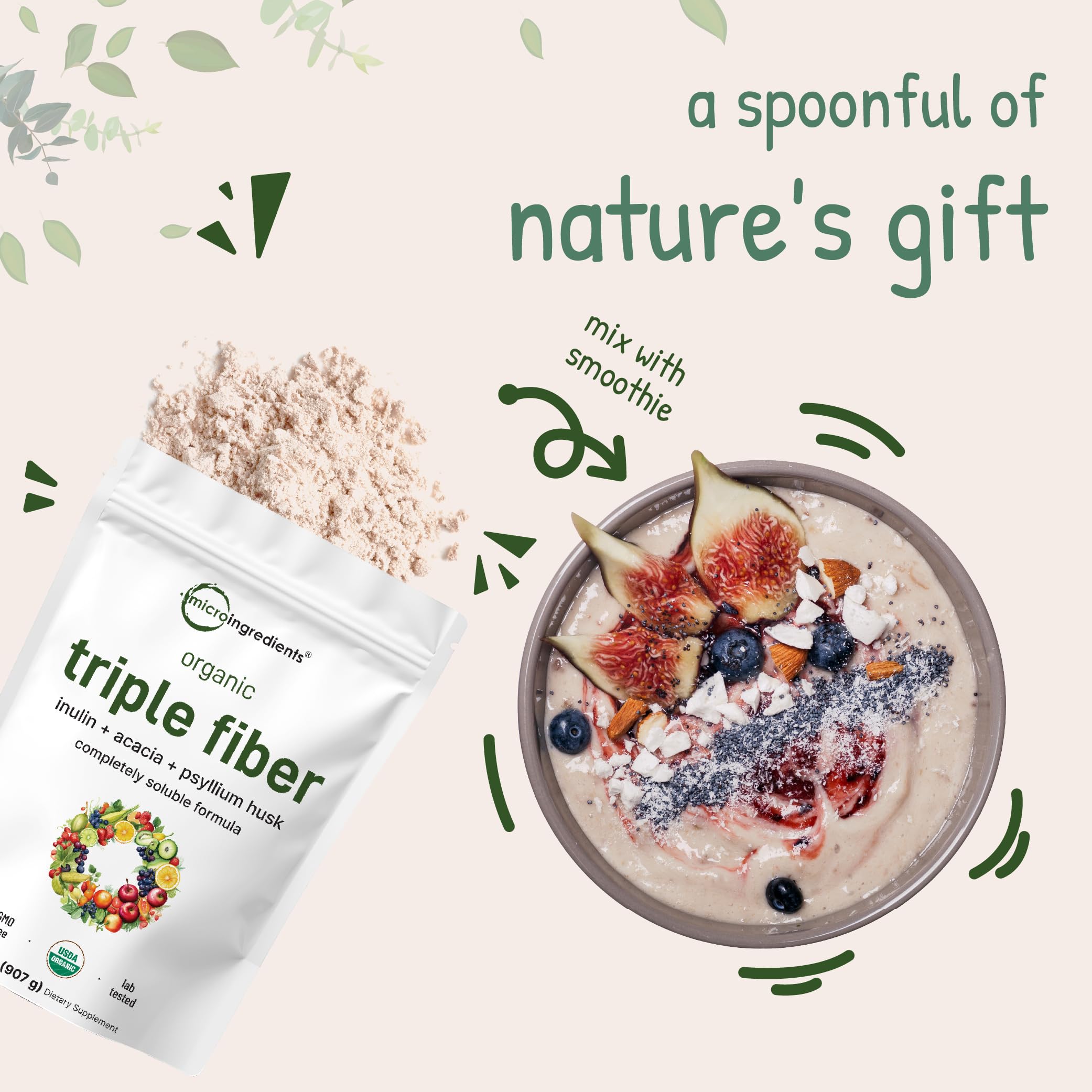 Uso diario de la fibra triple orgánica de Micro Ingredients para digestión suave.
