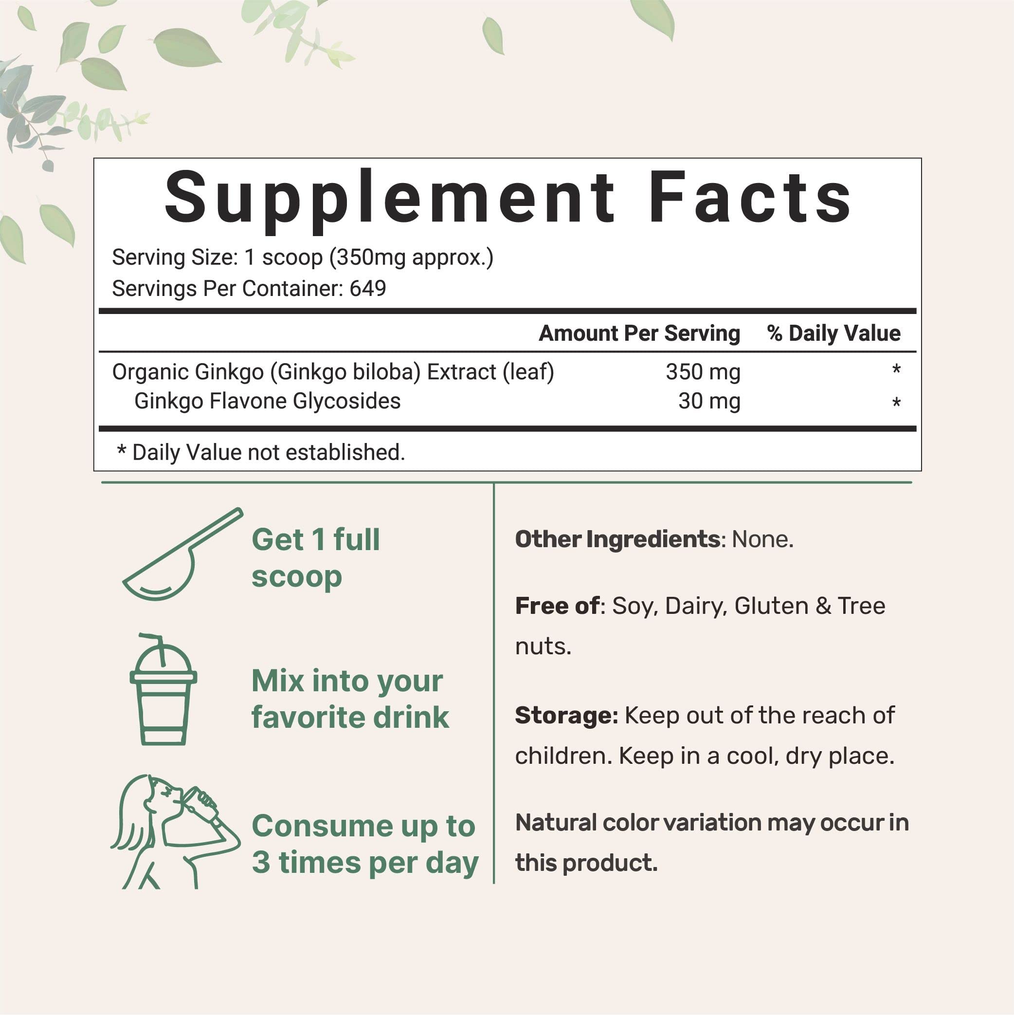 Micro Ingredients Ginkgo Biloba, cucharita medidora incluida, ideal para medir dosis precisas.