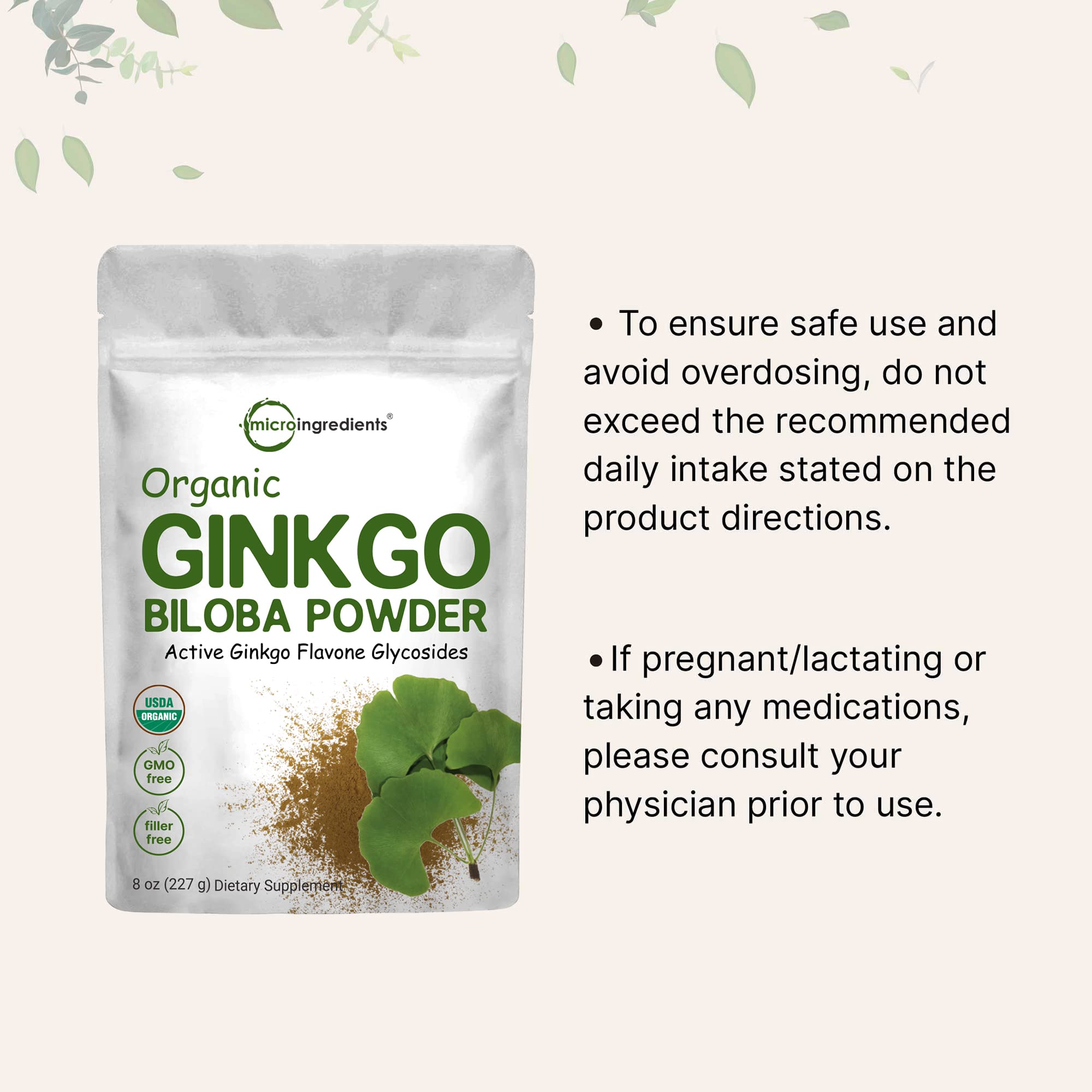 Micro Ingredients Ginkgo Biloba, polvo de textura fina, fácil de mezclar en bebidas.