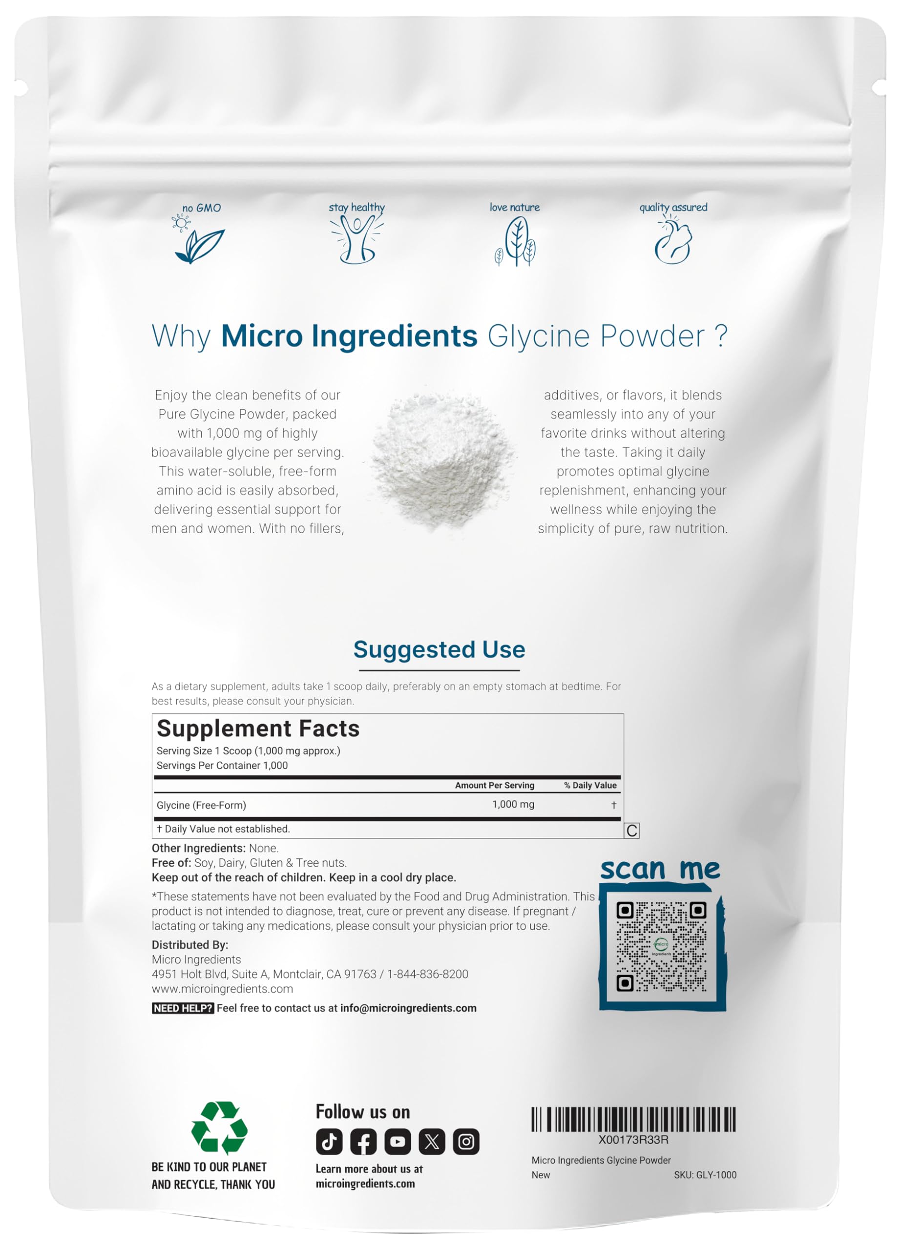 Glicina Micro Ingredients, medidor incluido para dosis consistentes.