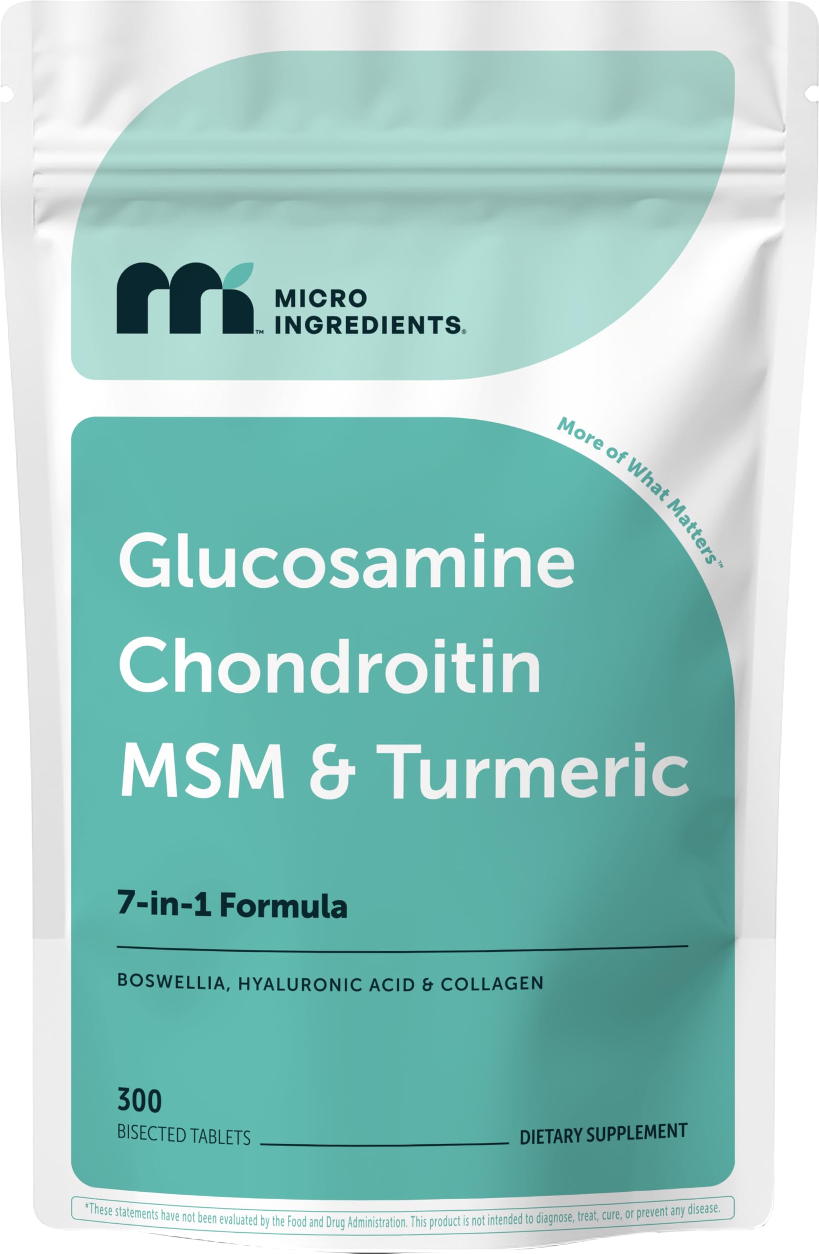 Micro Ingredients glucosamina, condroitina, MSM y curcuma; tabletas bisecadas para dosis personalizadas.